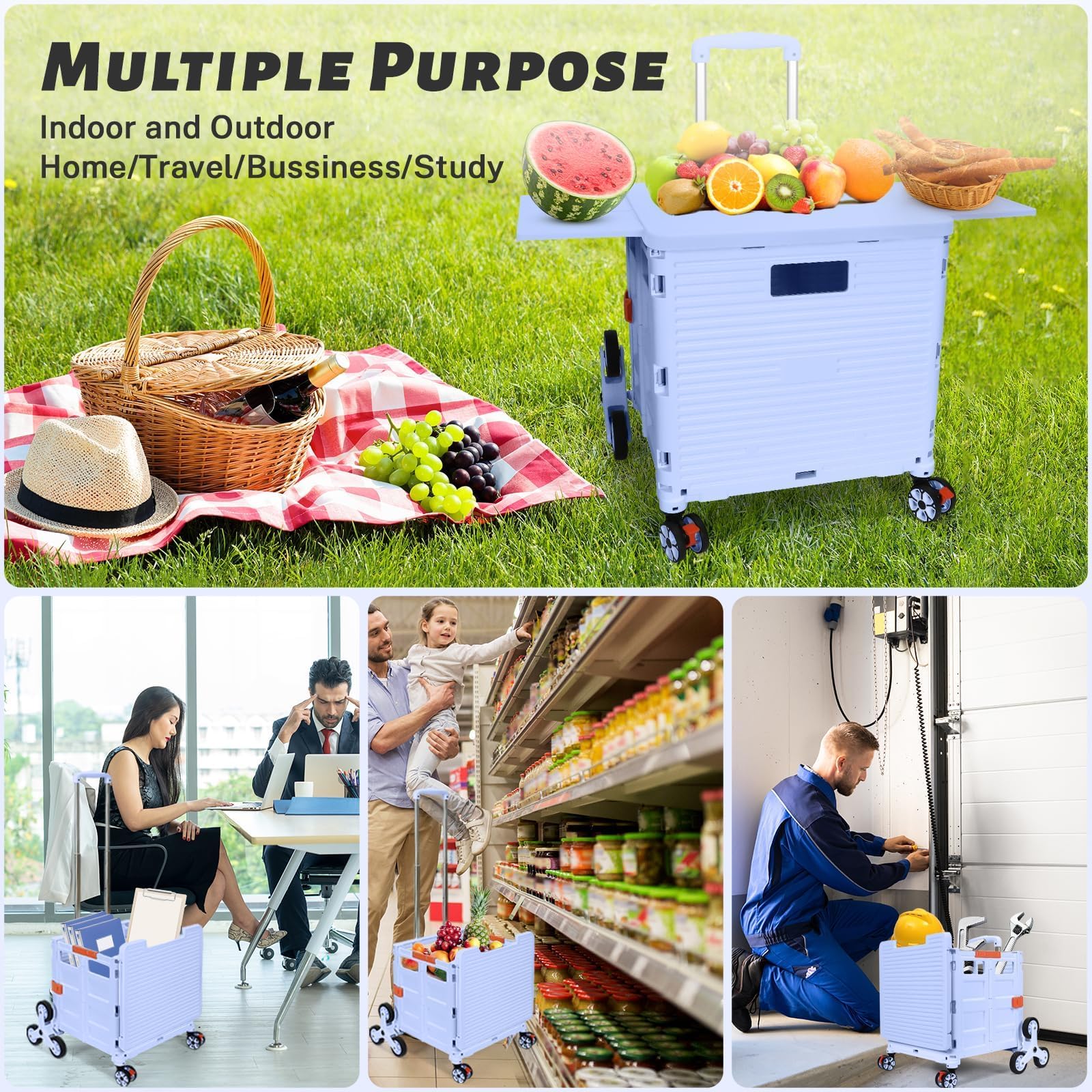 Carrito de Compras Plegable, Carro Portátil Plegable con Ruedas para Subir Escaleras, Cesta Compacta con Tapa Magnética, Carrito Rodante con Mango Telescópico, Ligero y Resistente hasta 80KG-Azul