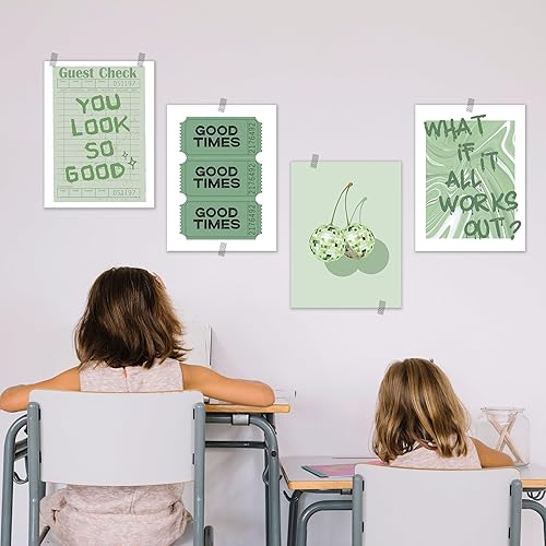 Miniatura 5 de BESERH Funky Trendy - Juego de 4 pósteres verdes de moda, preppy retro Y2K, bola de disco de cereza inspiradora, impresiones artísticas de pared