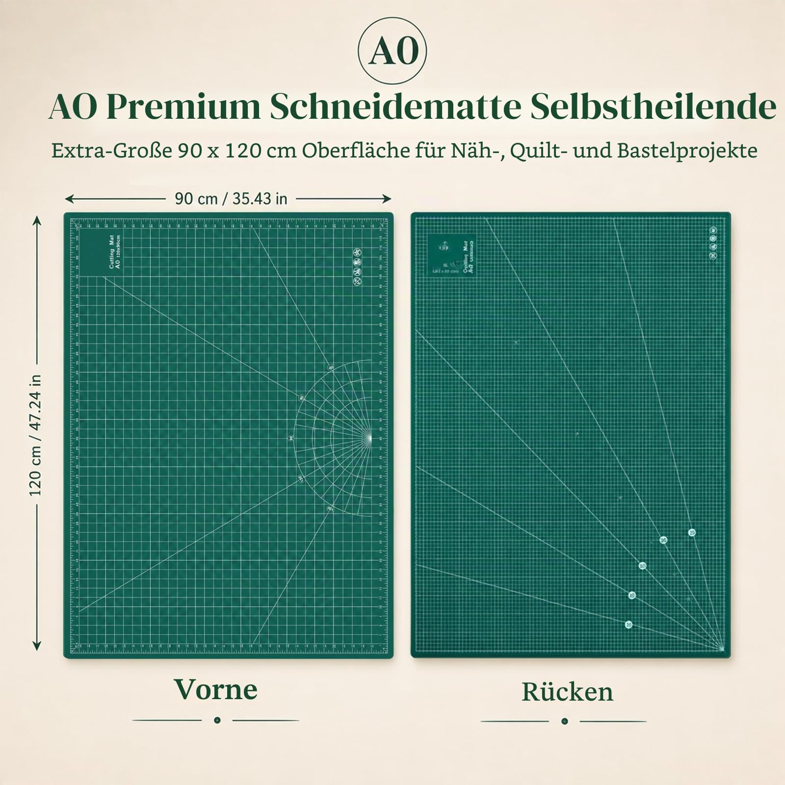 NCONCO Schneidematte A0 90x120 cm Grün – Selbstheilende Cutting Mat A0, 5-lagig & schnittfest, beidseitig Bedruckt, extra große Bastelunterlage & Schneideunterlage für Nähen, Patchwork, Modellbau