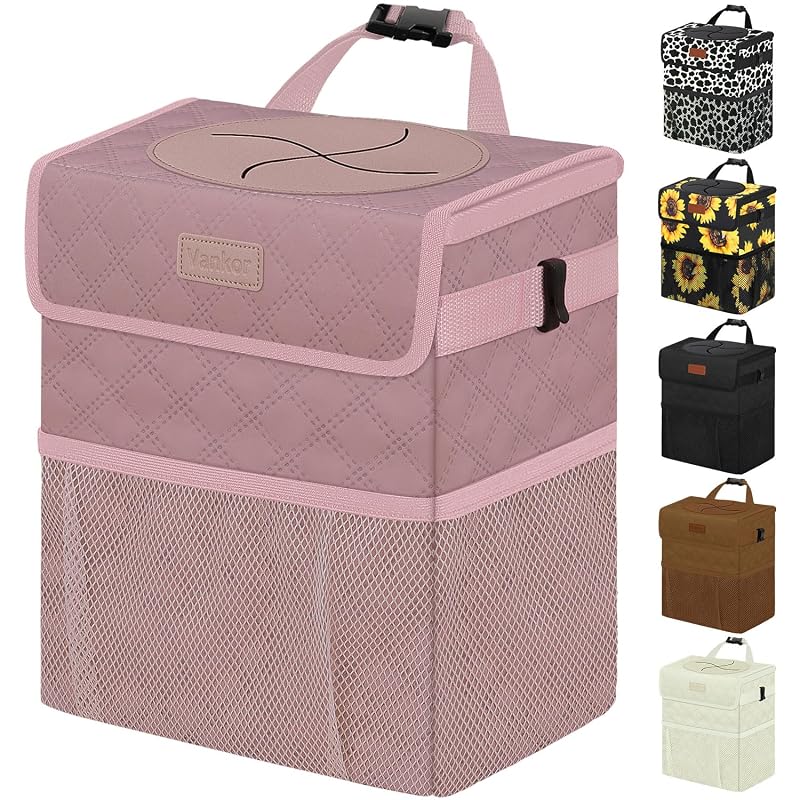 Lixeira para Carro Vankor com Tampa, Forro em PEVA e Bolsos, 8,3 L, Quilted-Pink