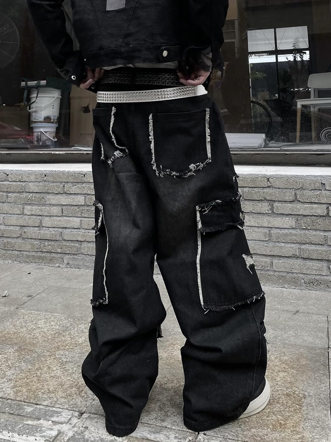 DFGIGT Mens Goth Baggy Cargo Jeans Steampunk Patchwork Wide Leg Jeans