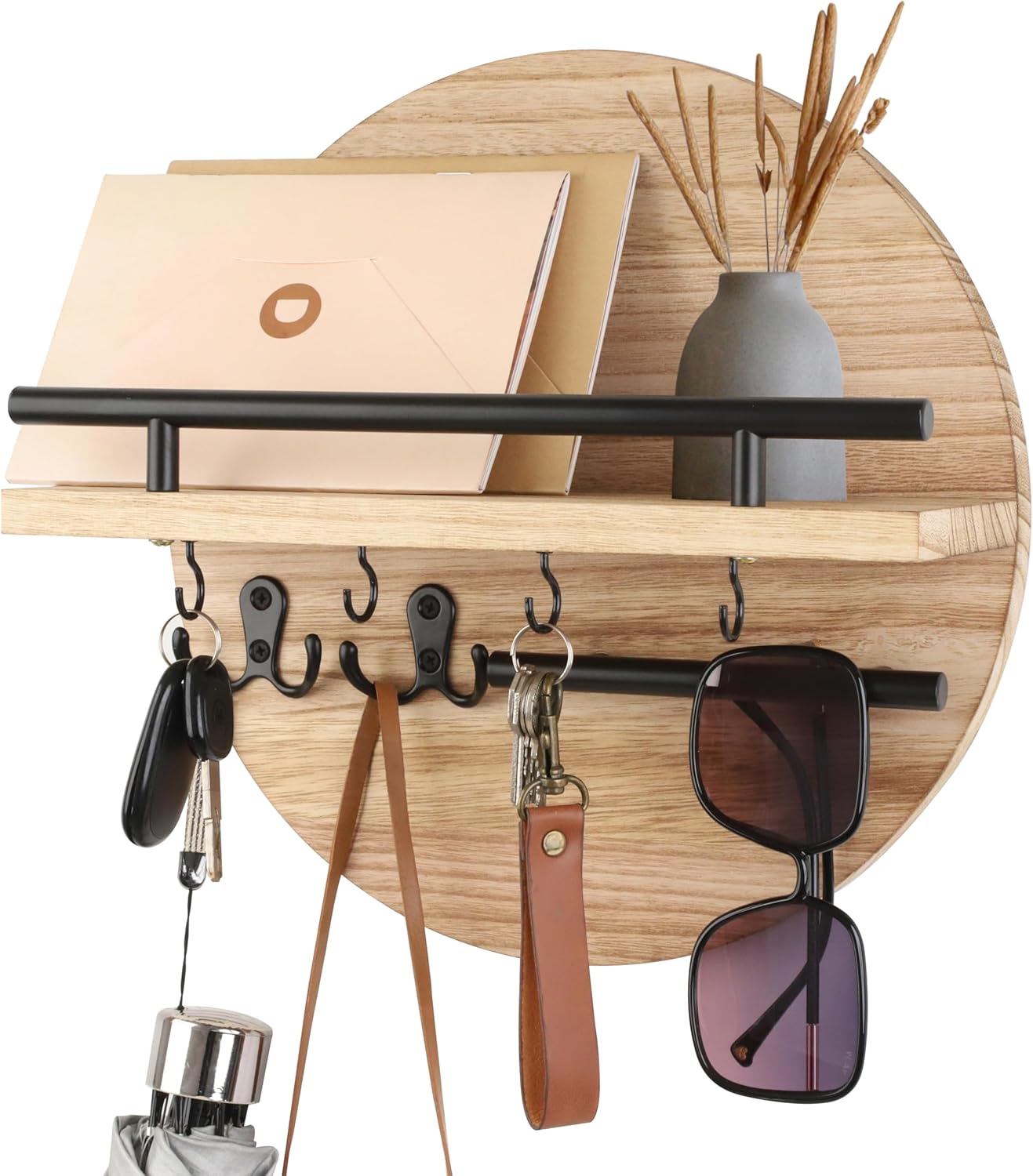 Gurfuy Key Holder for Wall with Shelf - Wood Mail Organizer and Rack with Shelf Hooks Wall Mounted for Entryway Decor Magazines Letter Storage Farmhouse Living Room Bedroom Doorway Brown