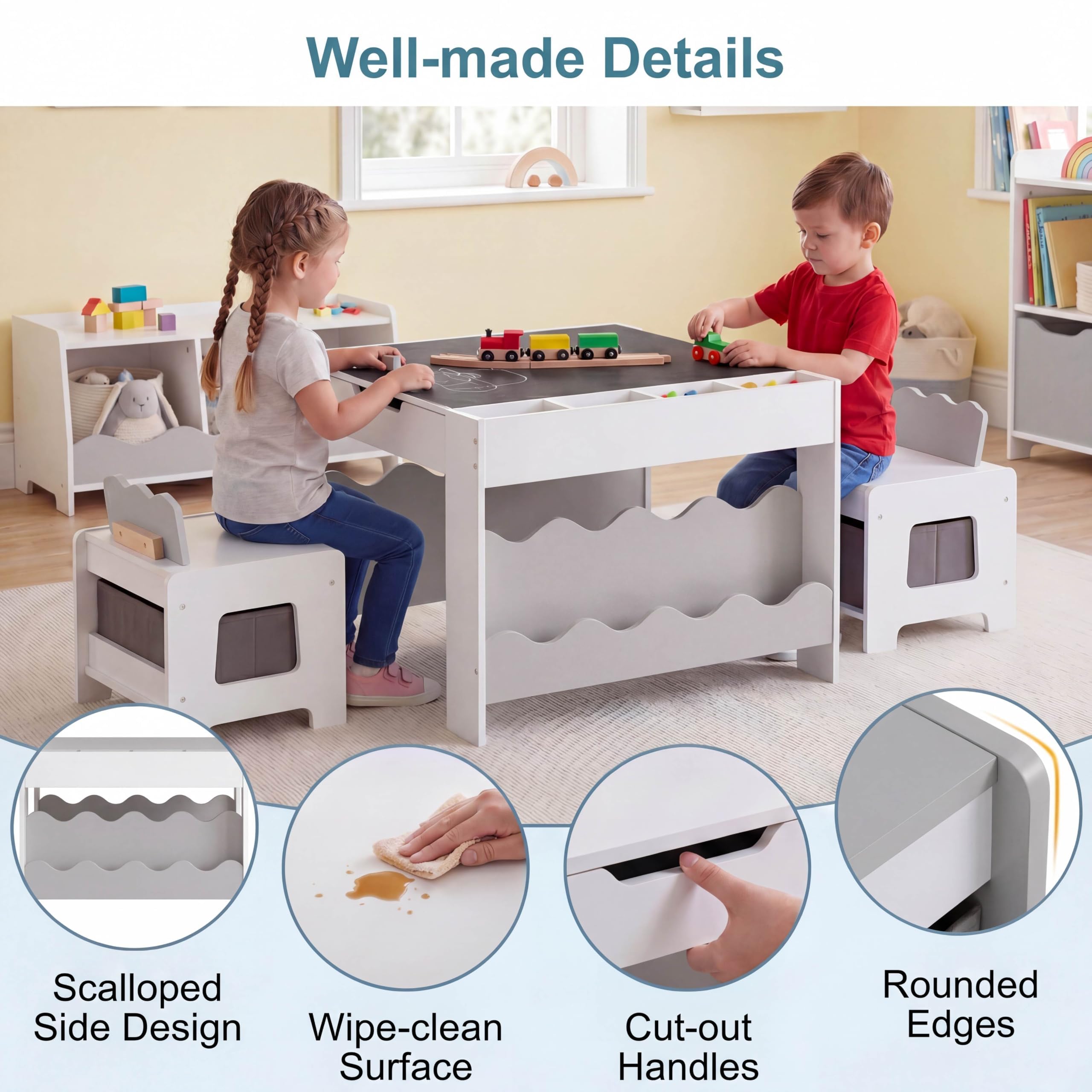 LIFEZEAL Mesa Infantil con Silla y Pizarra Negra (Gris) | Bandeja Doble Cara, Cajones y Estantes, Juego Educativo con Almacenamiento, para Niños 3 Años