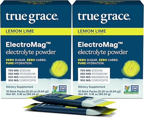 True Grace ElectroMag - 16 paquetes de barras (paquete de 2) - Limón limón - Polvo de electrolitos para una hidratación rápida - sodio, potasio,