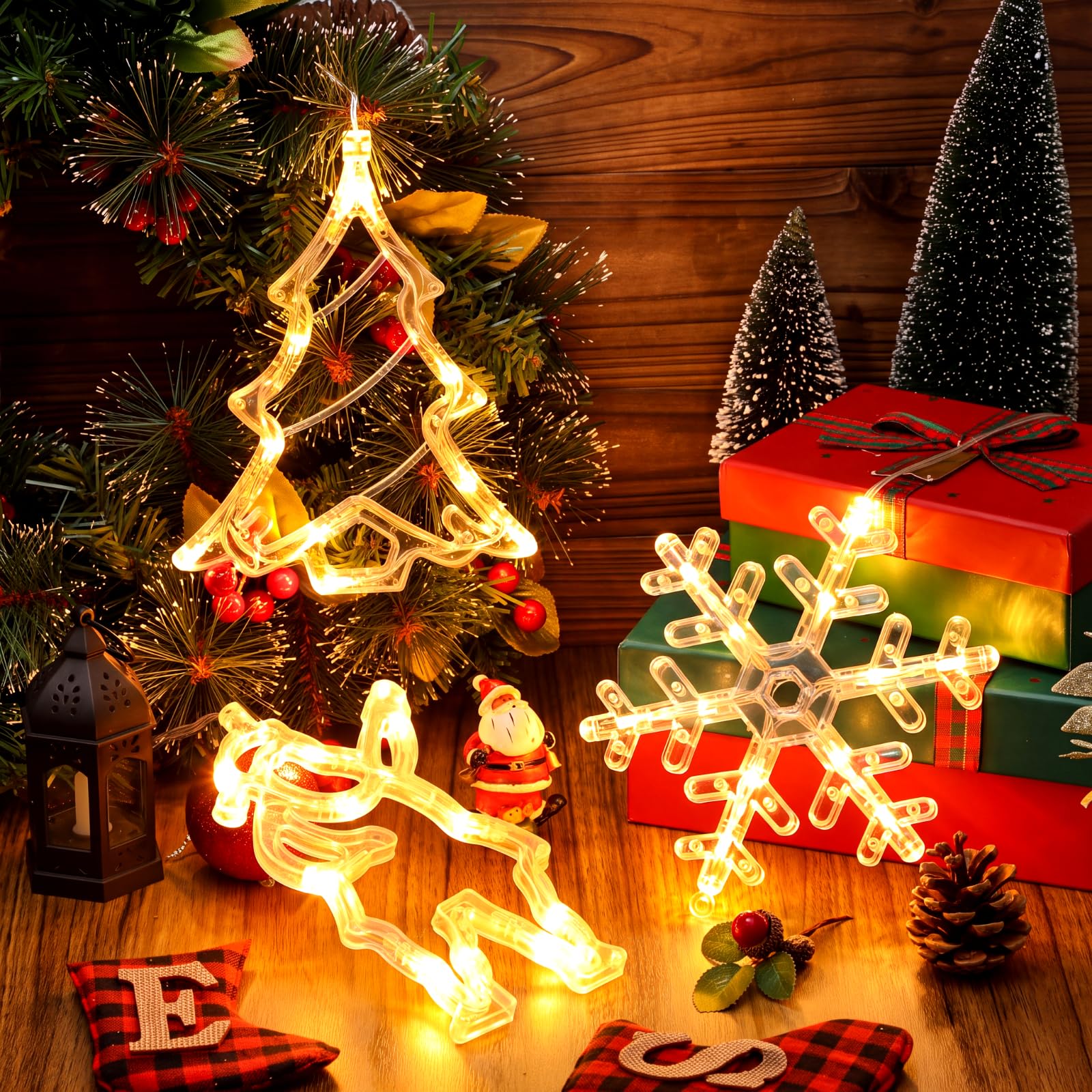 Tujoe 12 Stück Weihnachts-Fensterlichter, Dekorationen, beleuchtete Fenster-Silhouetten-Lichter mit Timer, Saugnapf, batteriebetrieben für Weihnachten, Neujahr, Zuhause, Wand, Kamin, Party-Dekoration