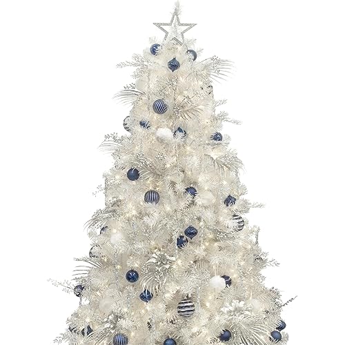 KI Store 6ft White Christmas Tree with Ornaments and Lights All-in-ONE Completed Christmas Tree Set Including 6 Feet Full Tree, Ornaments, LED String Lights with Remote and Timer