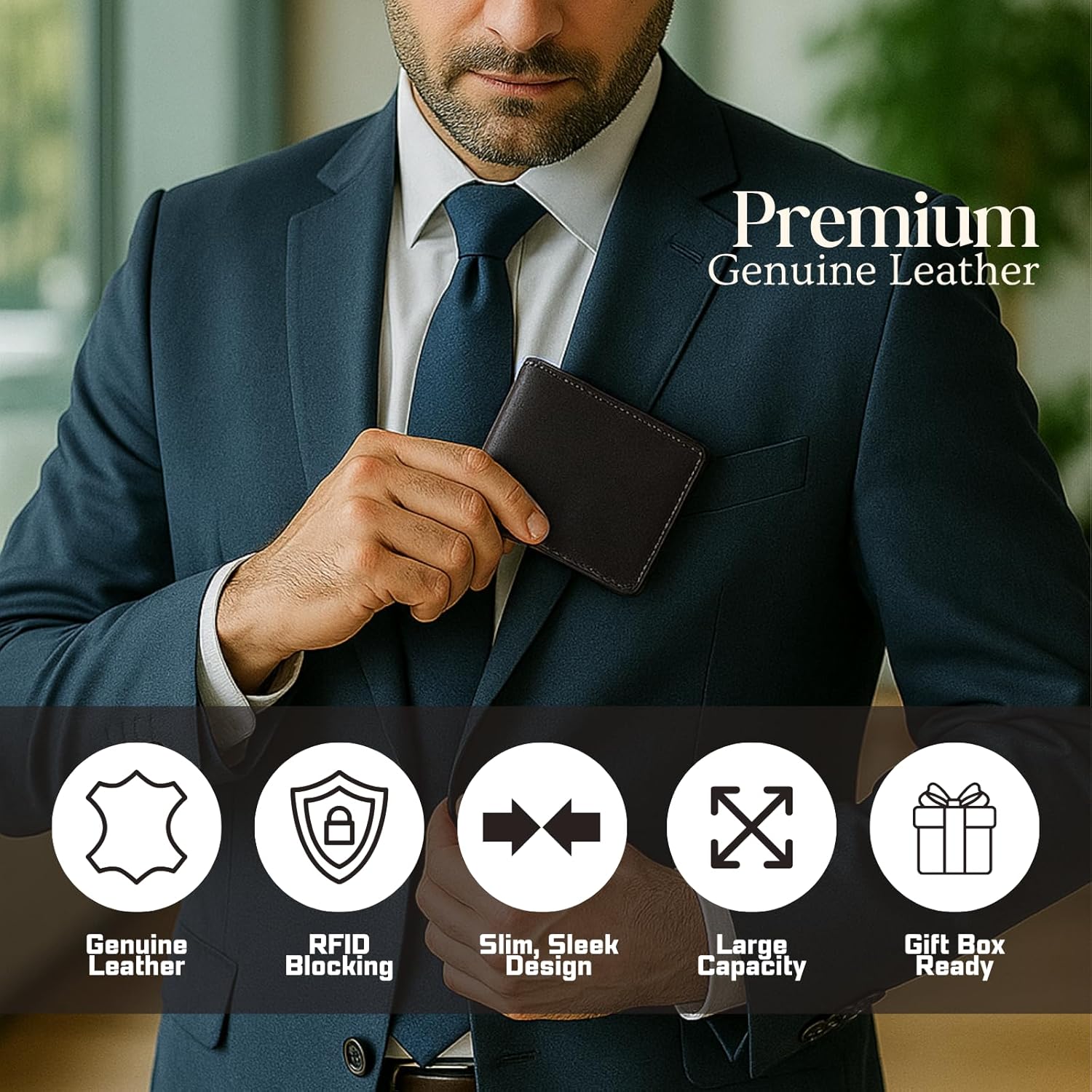 Wallet for Men — Slim RFID Blocking Bifold, Full‑Grain Brown Leather, 2 ID Windows, 8 Card Slots, Dual Bill Compartments, Gift‑Ready - Image 3