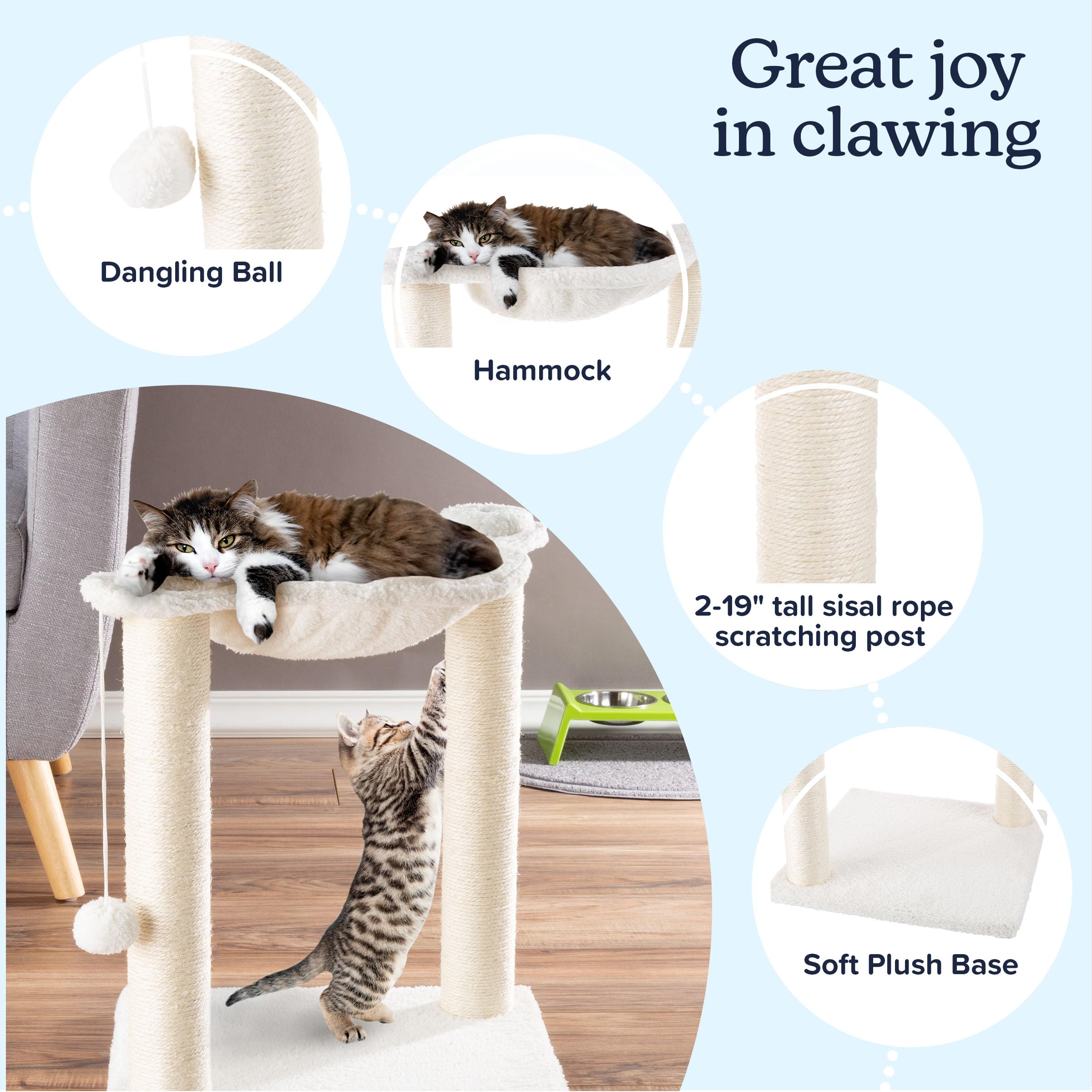 19-Inch Cat Scratching Post with Hammock ? Sisal Fabric and Carpet Small Cat Tree, Hanging Ball Toy for Adult Cats and Kittens by PETMAKER (White) 1