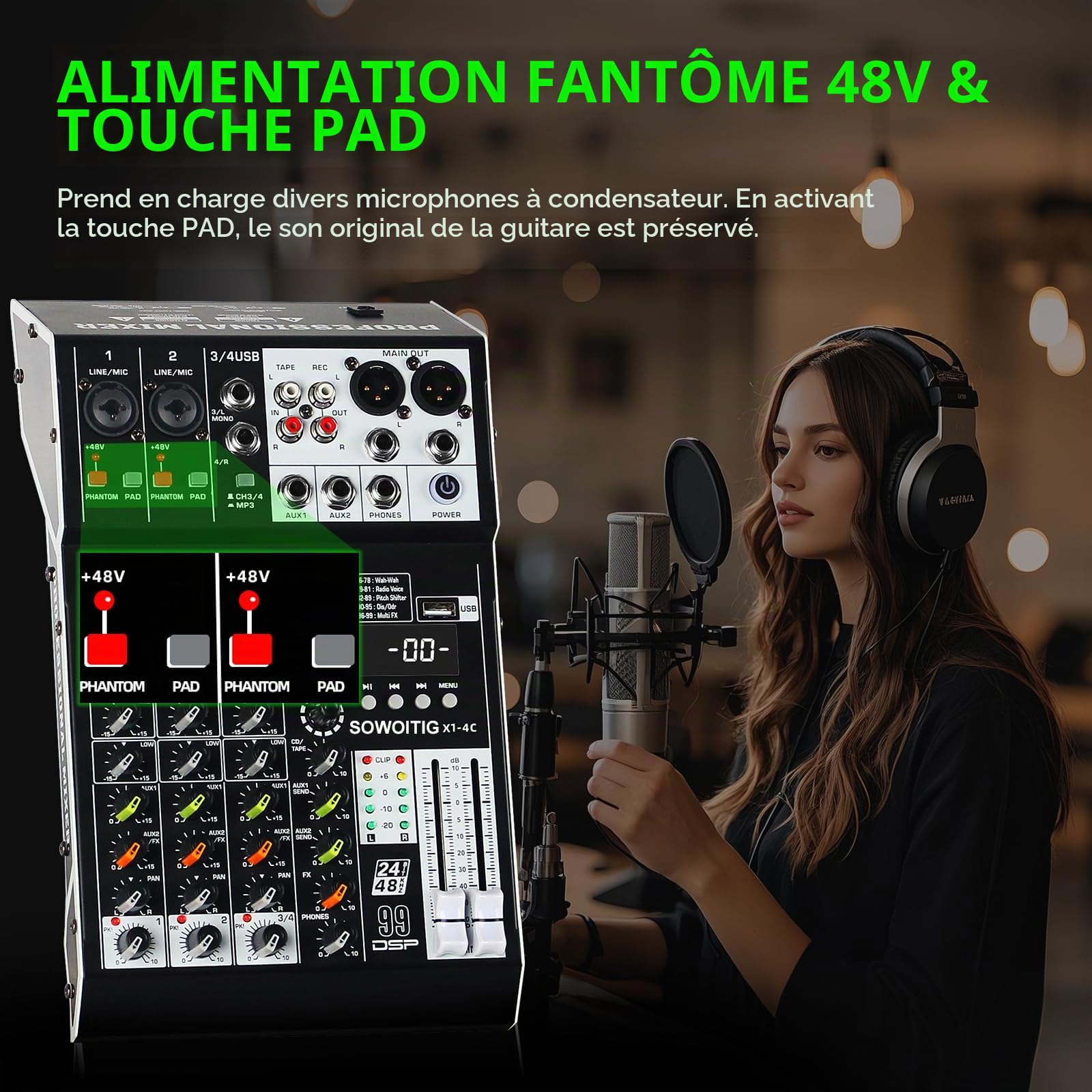Mixeur audio 4 canaux, table de mixage audio professionnelle avec effets 99DSP, table de mixage DJ compacte avec USB, Bluetooth, alimentation fantôme 48 V et bouton PAD pour l'enregistrement, le