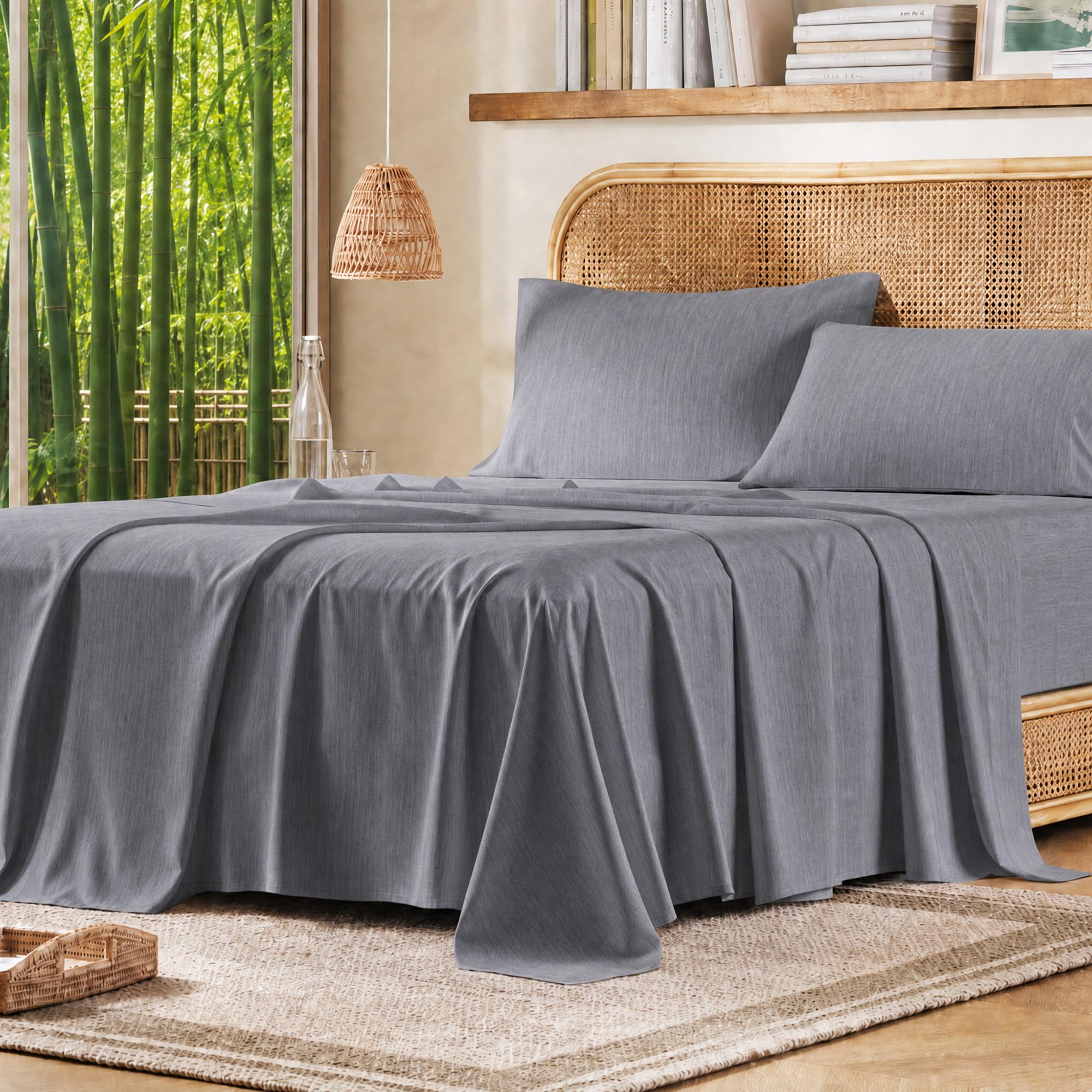 Intelligent Design Comfort Spaces Cooling Sheet Set Poly X Rayon Blend (Rayon Derived from Bamboo), Soft, Silky, Lustrous, Heathered Finish King Sheets for Summer All Season Sheet Set, King, Dark Grey, 4 Piece, Dark Grey, King