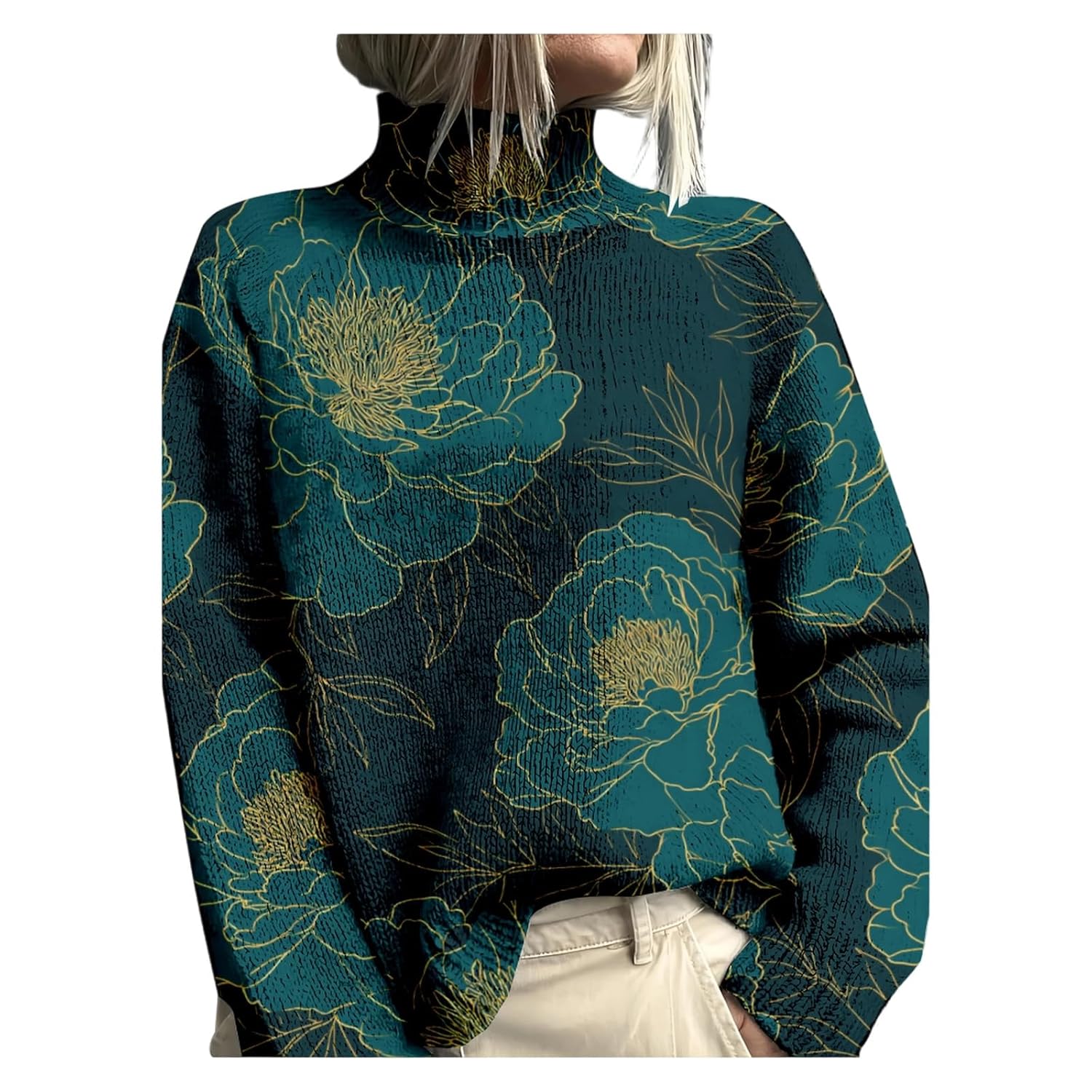 Fall Ethnic Floral Sweaters for Women Loose Ribbed Knit Turtlenrck Long Sleeve Jumper Boho Vintage Print Sweater
