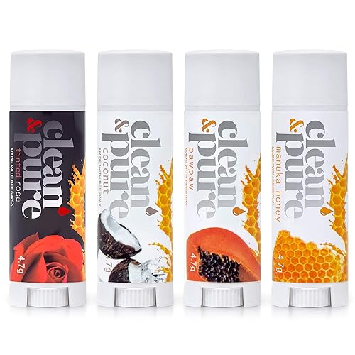 Clean & Pure Bálsamo labial - Bees Knees (paquete de 4)  Productos de belleza de miel de manuka  Aceite de vitamina E  Bálsamo labial saborizado