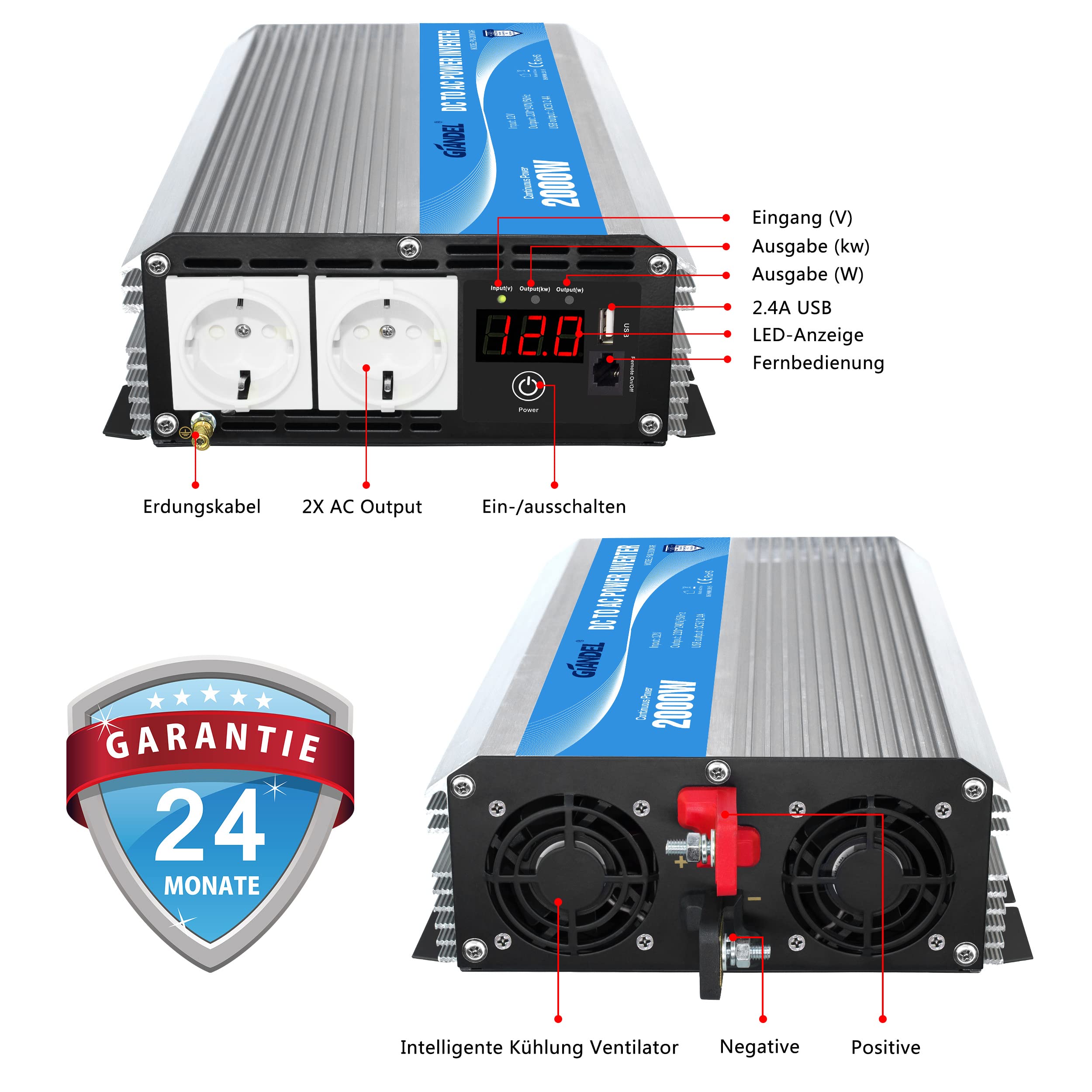 GIANDEL 2000W Modifizierter Welle Wechselrichter 12V auf 230V Spannungswandler Kompatibel Lithium-Batterie, mit Fernbedienung LED-Anzeige USB für Wohnmobil Umwandler-Inverter Konverter