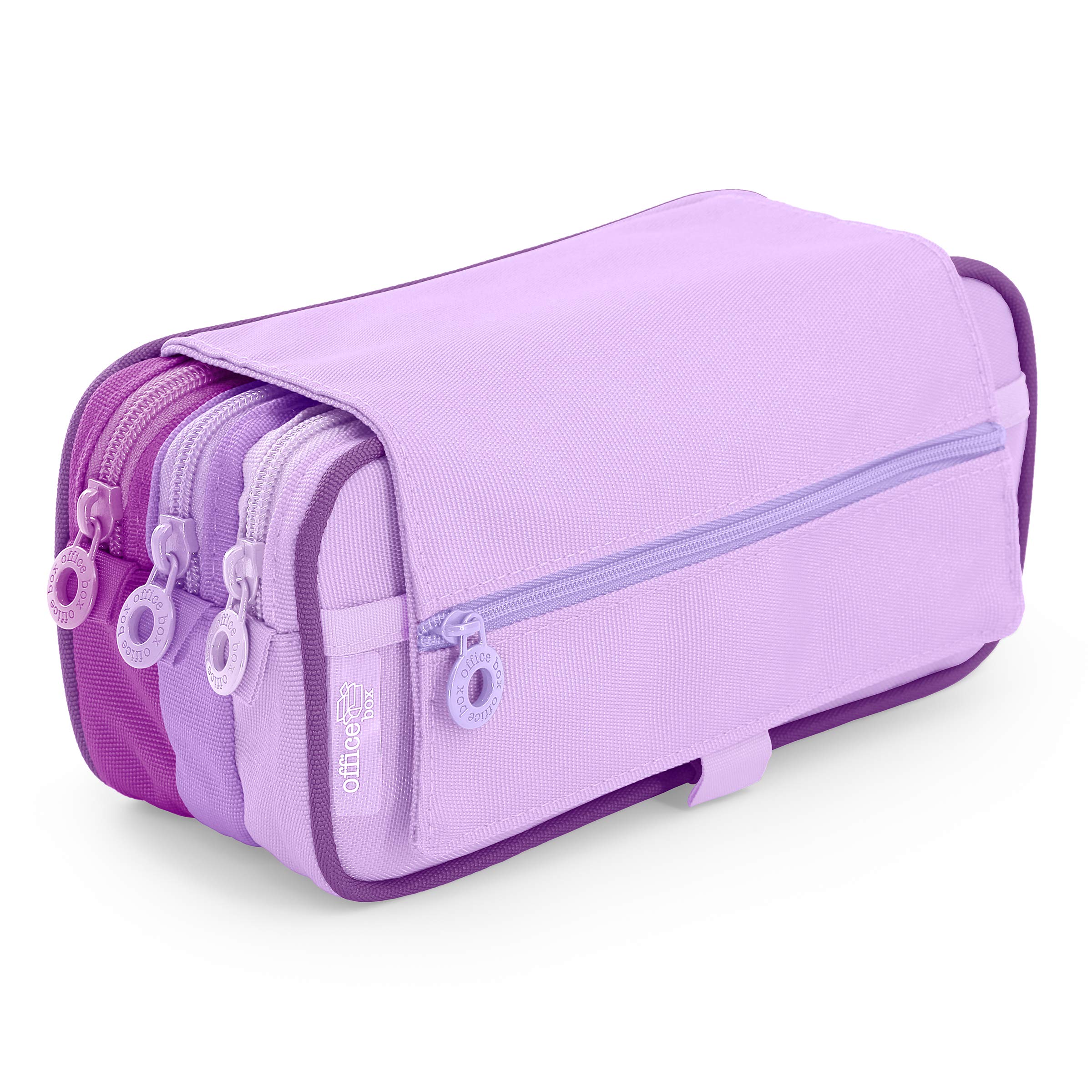 office box Estuche Triple Blush Pastel el Original- Porta Lápices de 3 Grandes apartados con Cierre de Cremallera, Múltiples Bolsillos, Horario e identificador. (Morado)