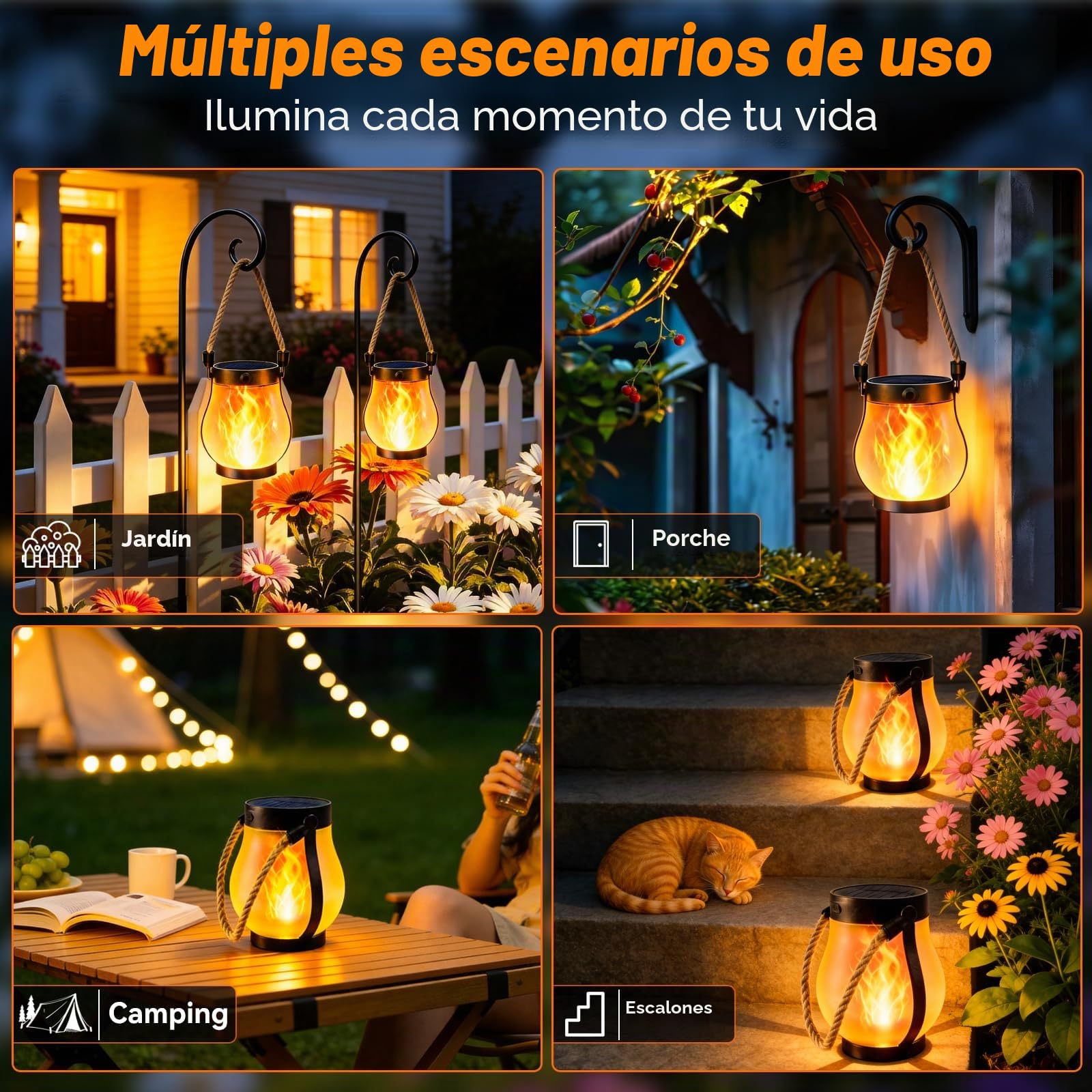 2 Piezas Farolillos Solares llama Exterior,Llama Danzante Faroles Colgantes Impermeables con Cuerda de Cáñamo, IP64 para Campamento, Jardín, Mesa Exterior, Patio, Balcón