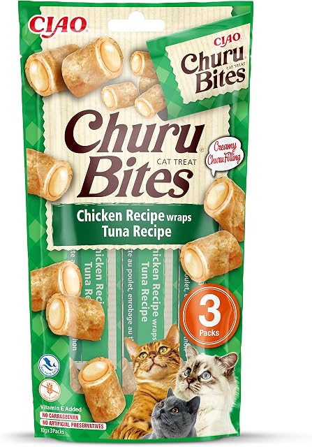 Ciao Churu Bites by INABA Cat Treat - Chicken & Tuna Flavour (3 x 10g) / Crispy Pouches with Creamy Filling Cat Treat, Delicious & Healthy Snack for Cats, Hand Feeding, Natural, Grain Free