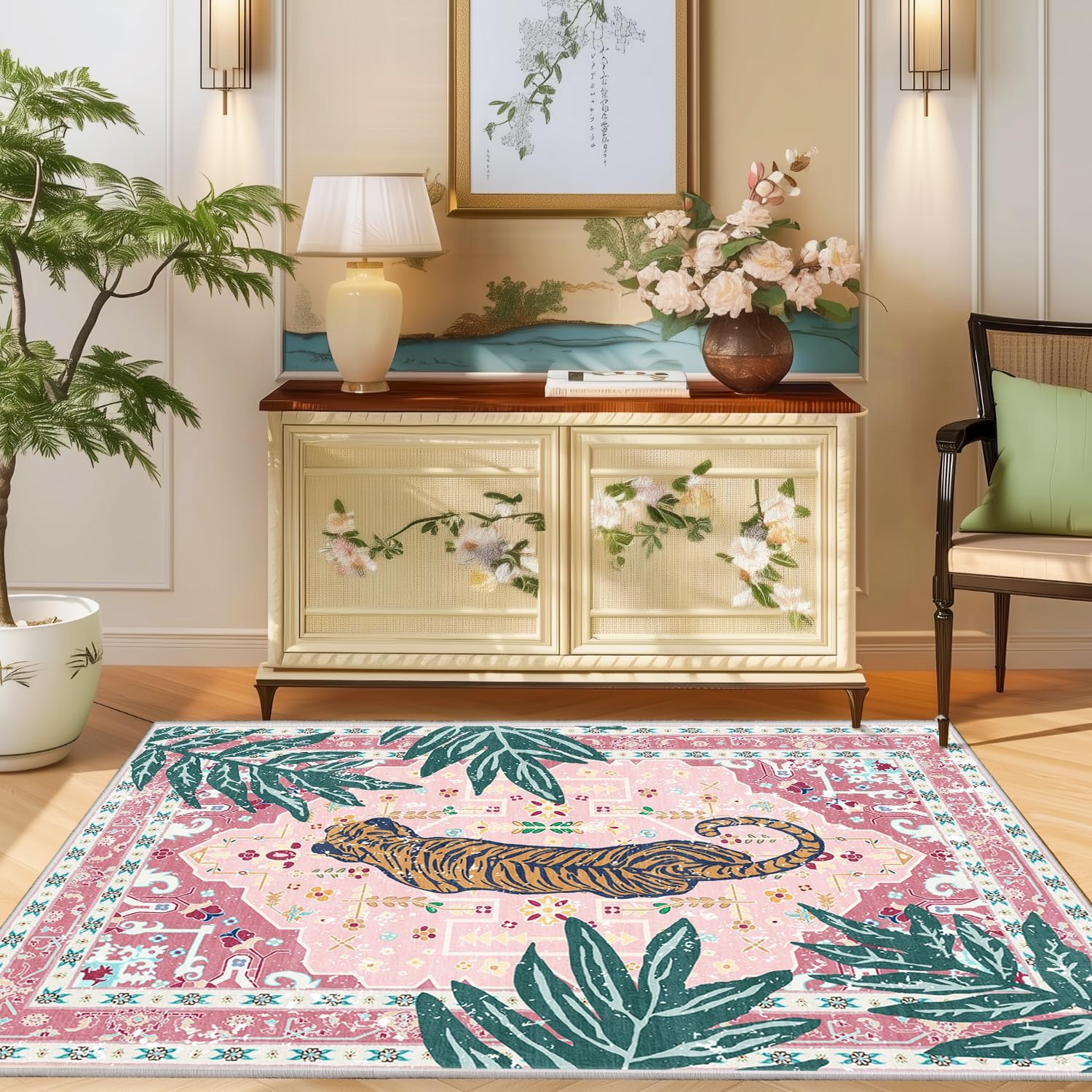 3x5 Washable Non-Slip Area Rug, Tropical Pink Boho Vintage Jungle Tiger Rug, Soft Cozy Faux Cashmere Low Pile Animal Print Rug for Girls Room, Nursery, Entryway, Easy to Clean Decorative Carpet