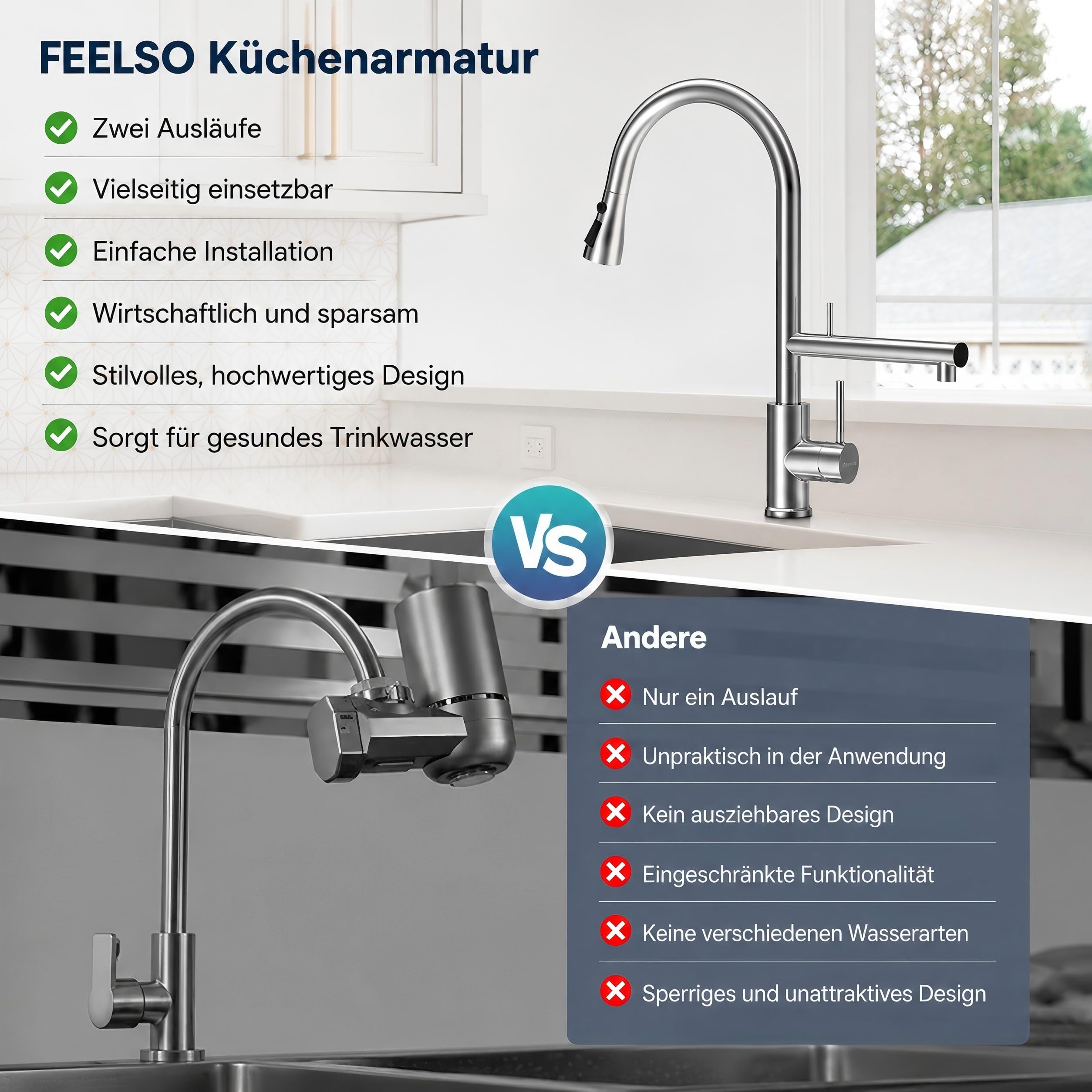 FEELSO Küchenarmatur Ausziehbar mit Filter für Trinkwasser Kochen & Spülen | 2 Wege Hochdruck Wasserhahn Küche mit 2 Strahlarten, 360°Drehbar, Entfernt Chlor,Schwermetalle, schlechten Geschmack,Bleifrei
