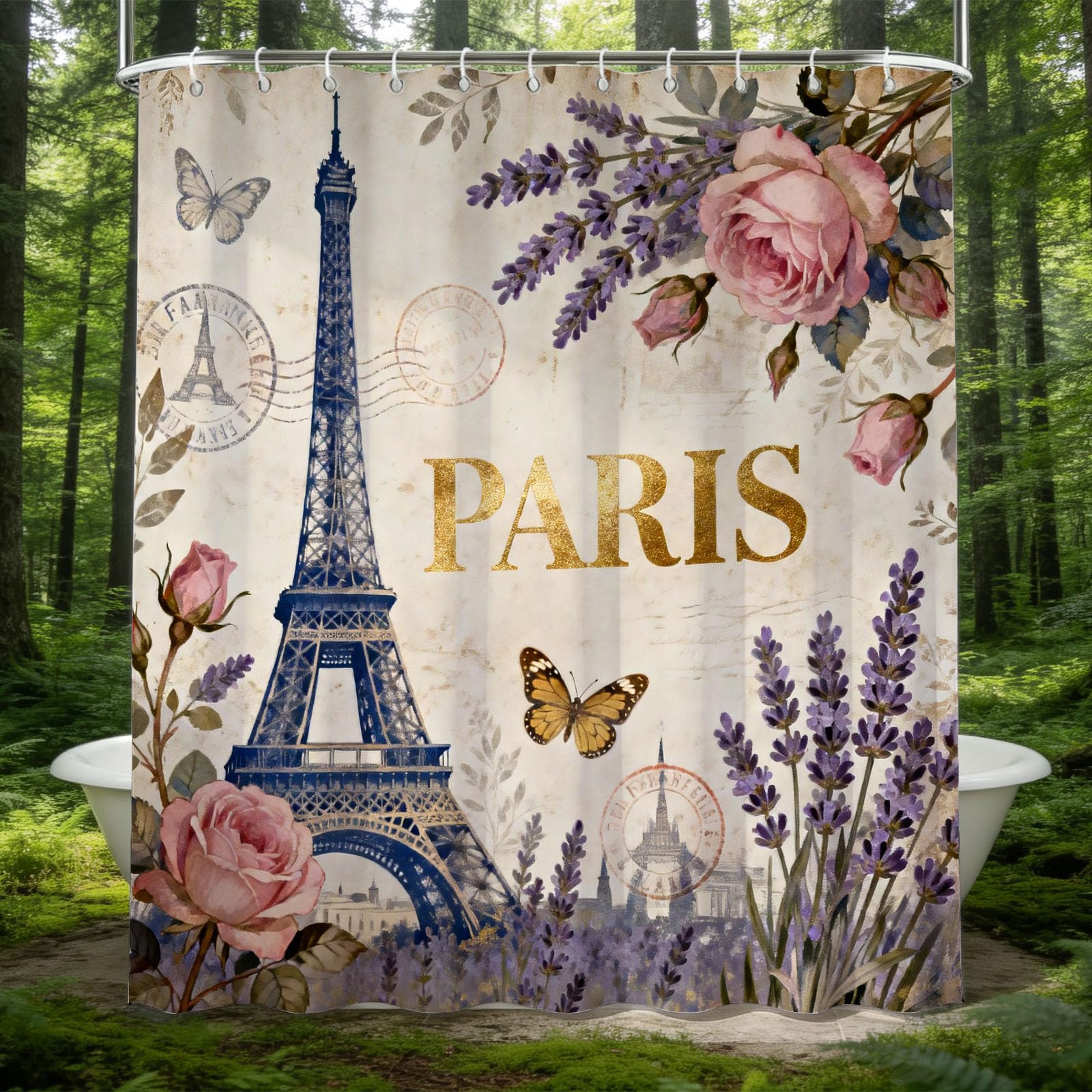 Hongduo 3D Eiffel Tower Shower Curtain for Stalls Bathtubs French Style Bathroom Decor Shower Curtain Set Polyester Fabric Waterproof 200x200cm/79X79 Inch with Hooks
