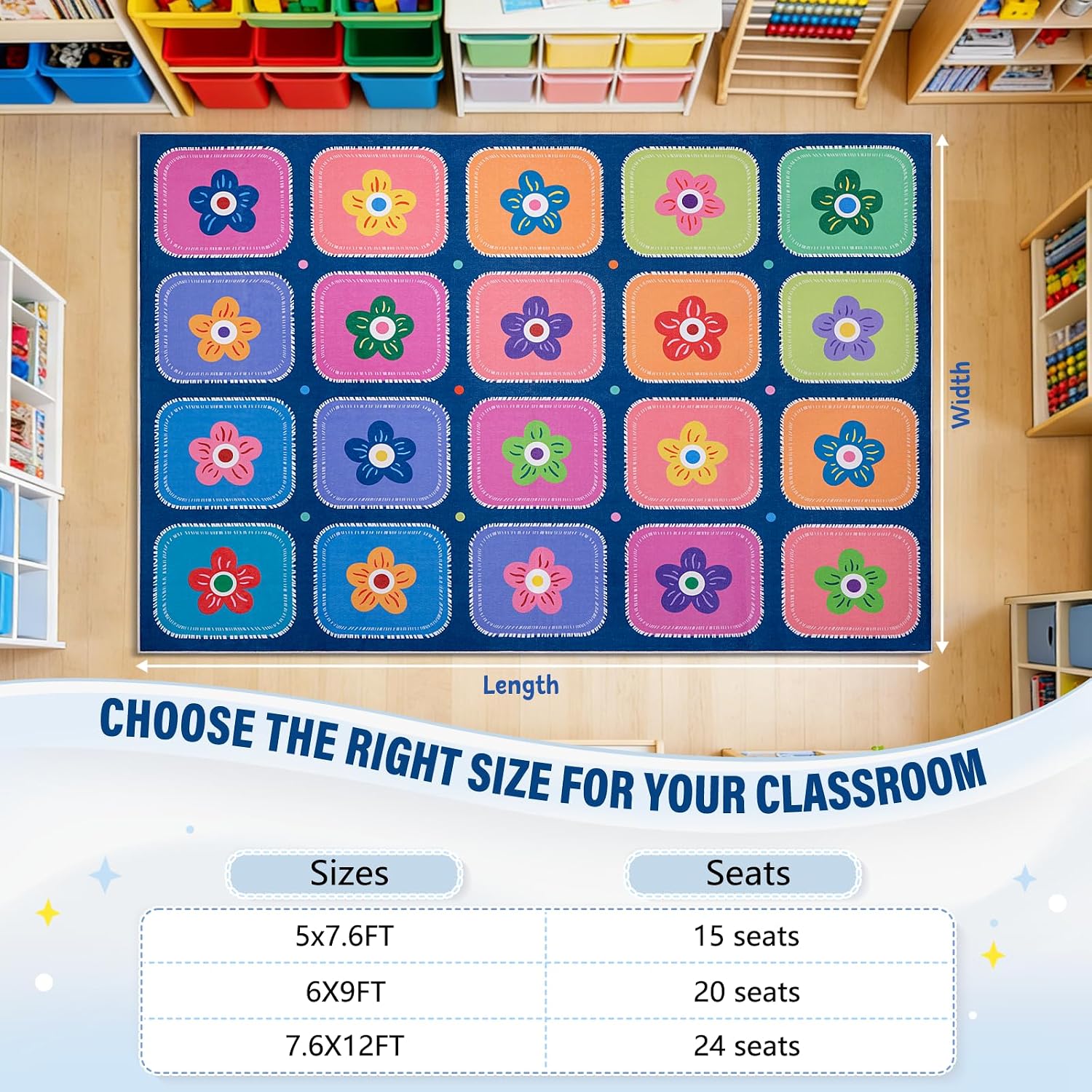 Classroom Rug for Kids, 6' x 9' Classroom Carpet with 20 Seating Spots, Classroom Area Rug for Preschool, Non-Slip Backing & Easy to Clean Daycare Rug for Kindergarten, Homeschool & Playroom