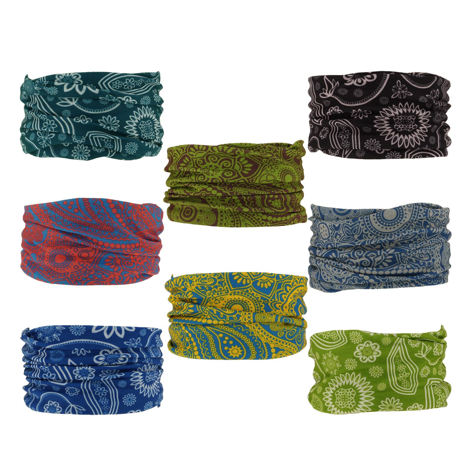 8 Bandanas Polyvalents pour Femmes Hommes Bandeau Cagoule Cheveux Foulard Visage Demi Masque Cache-Cou Respirant Réutilisable Lavable Noir Jaune Rouge Bleu Vert Fleur Cajou