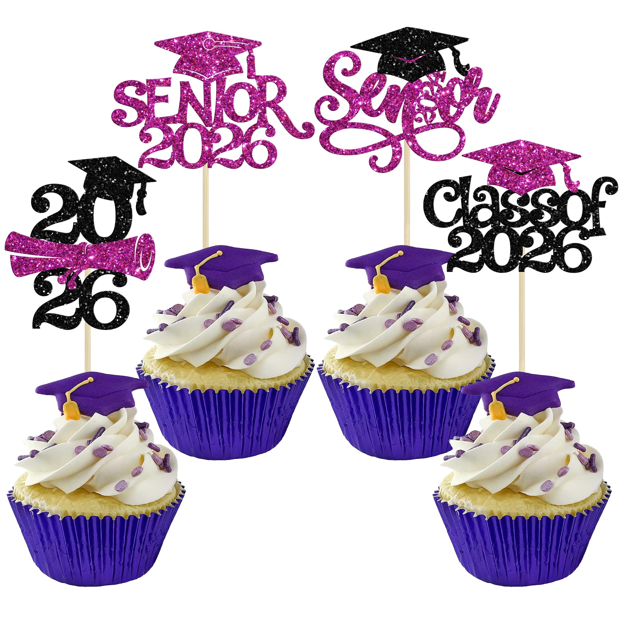Gyufise 24Pcs 2026 Senior Graduation Cupcake Toppers with Glitter Class of 2026 Cupcake Picks Senior 2026 Cupcake Decorations for Graduation Theme Party Supplies Purple