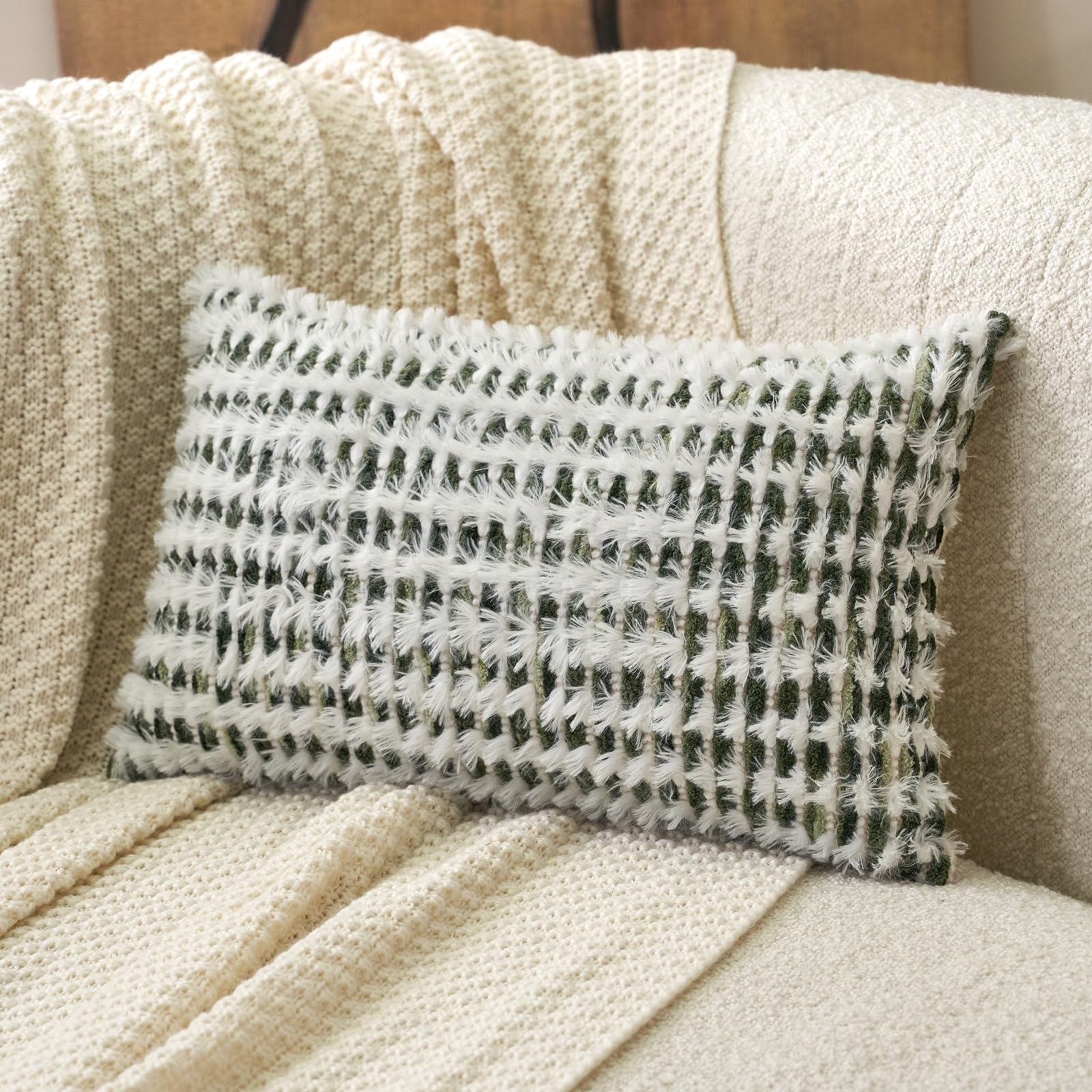 Aeckself Boho Chenille Tufted Pillow Cover 12 x 20 Inch, Rectangle Decorative Lumbar Throw Pillow Cover Neutral Pillowcase for Couch Bedroom Living