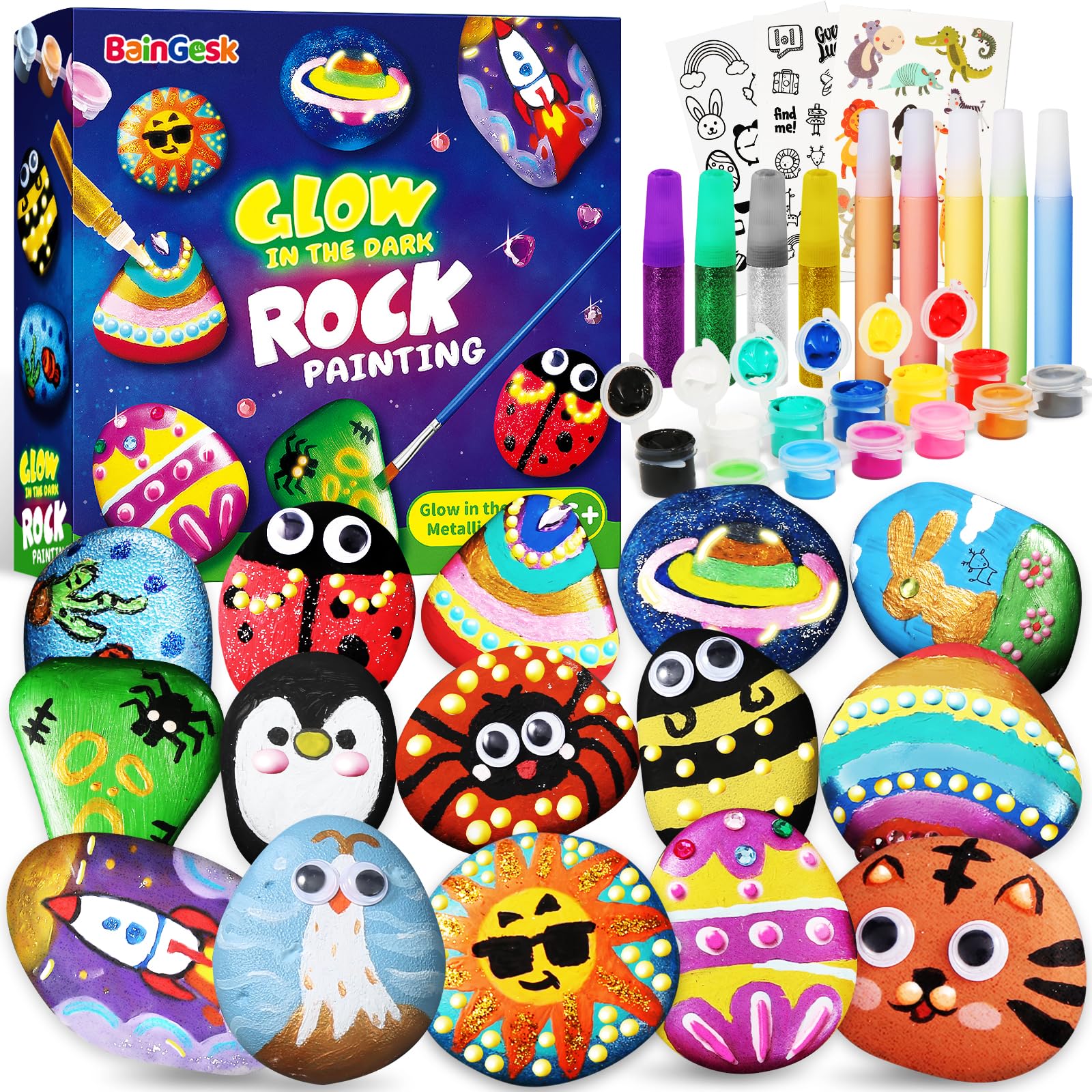 BainGesk Glow in The Dark Rock Painting Kit for Kids, Painting Rock Crafts Set, Arts and Crafts Gifts for Ages 6-8, Creative Activities Art Toys for 6, 7, 8, 9, 10, 11, 12 Year Old Kids