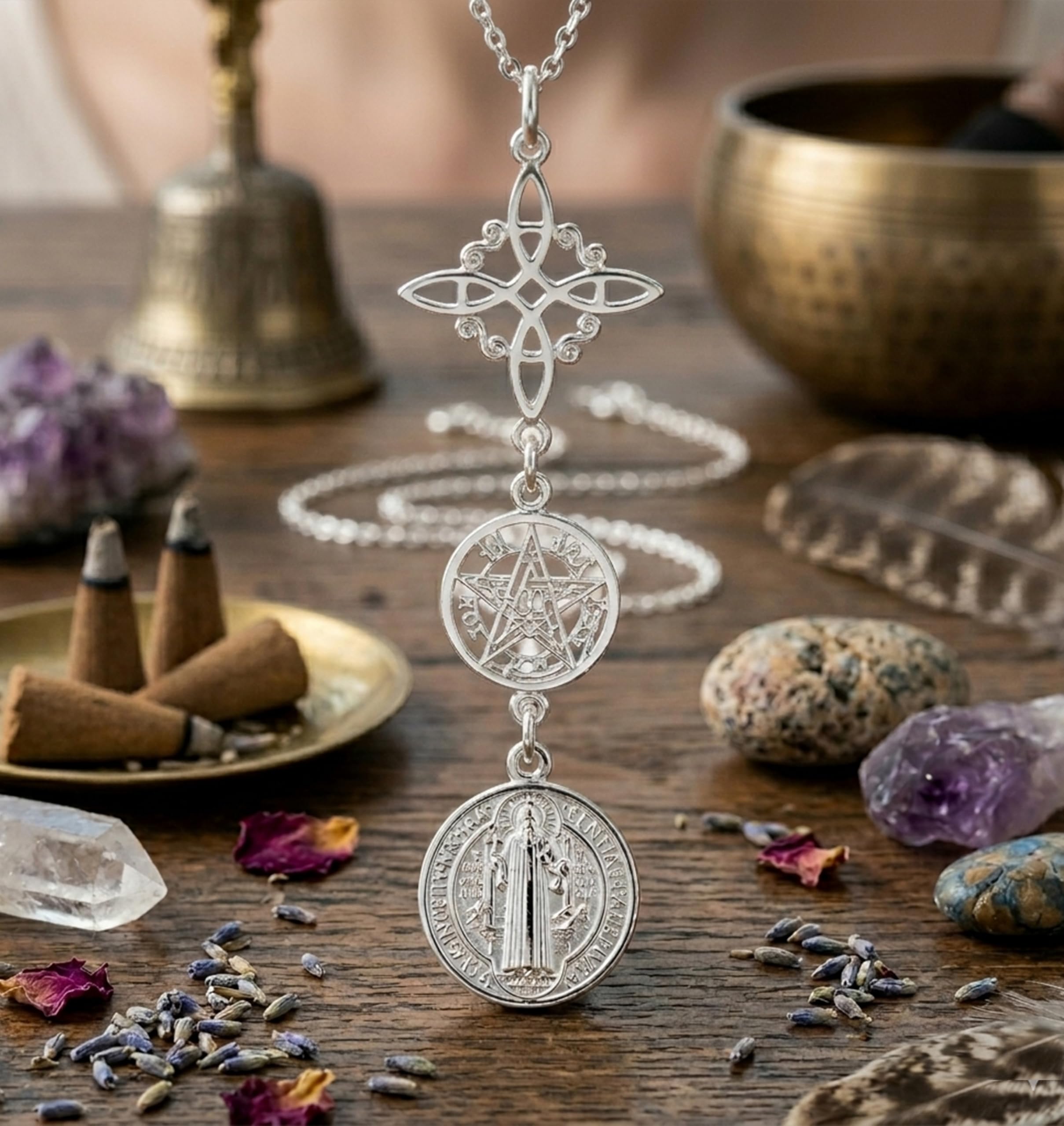 Only faith Collar Nudo de Bruja con Tetragramatón Plata de Ley 925 Italiana, Cadena largo 45 cm, Amuleto Triple Protección San Benito