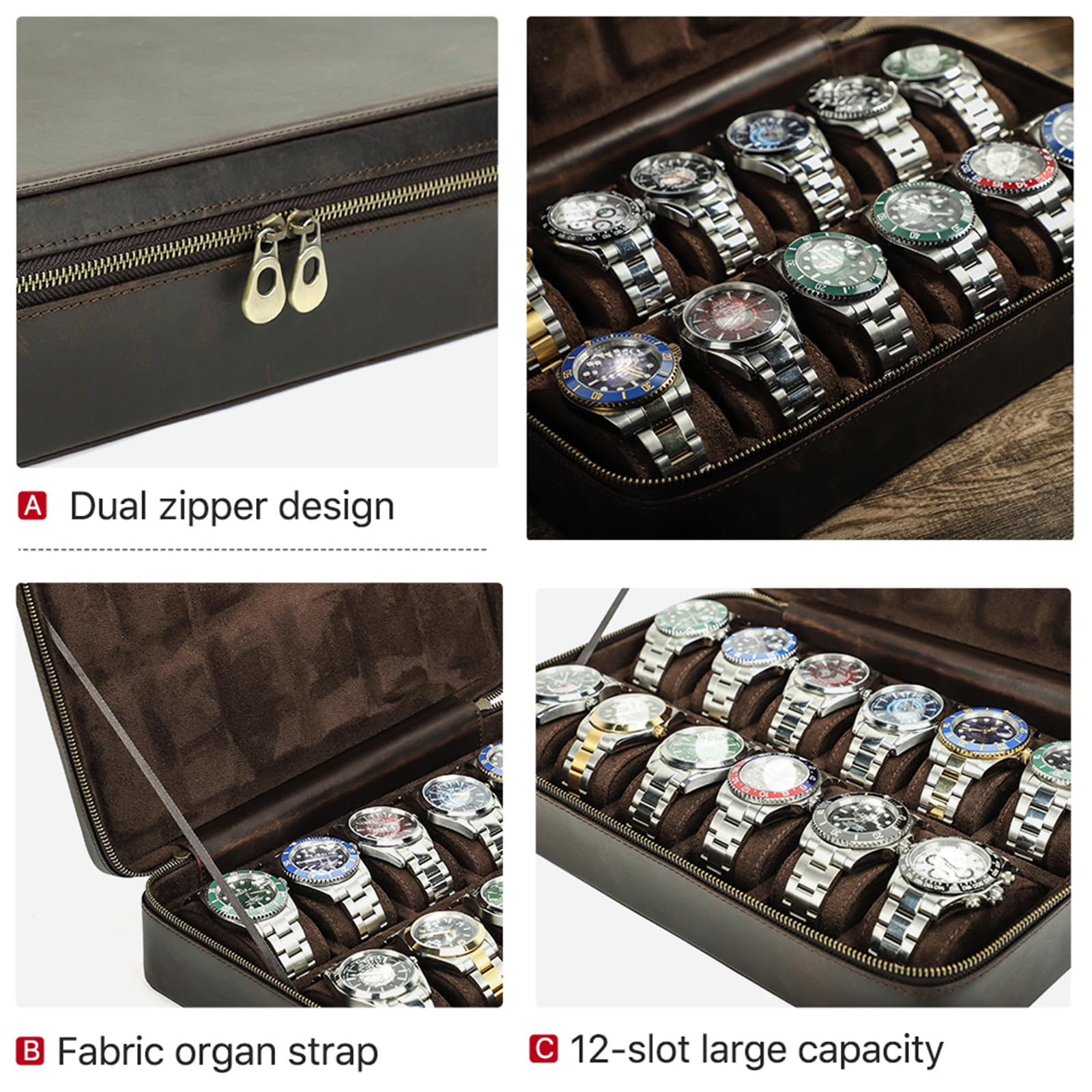 Contacts Crazy Horse - Scatola portaoggetti per orologi, in pelle, grande capacità, da viaggio, con cerniera, organizer per collezionisti (caffè scuro, 12 scomparti)