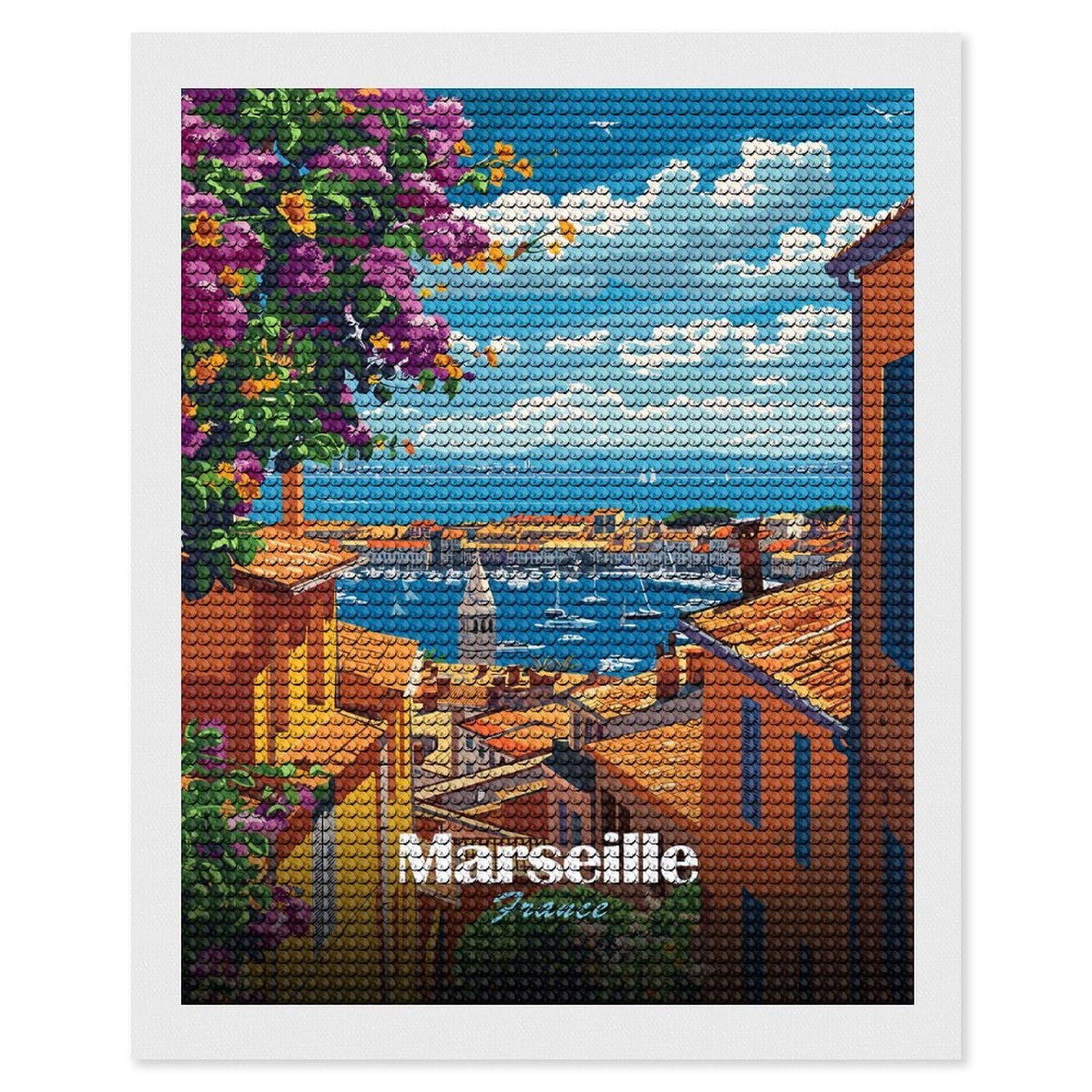 Junmoney Marseille, France Cityscape Illustration Full Drill Diamond Painting Kit 16"x20", for Teens, Calming Craft to Unwind, Home Wall Decor, Christmas Gift