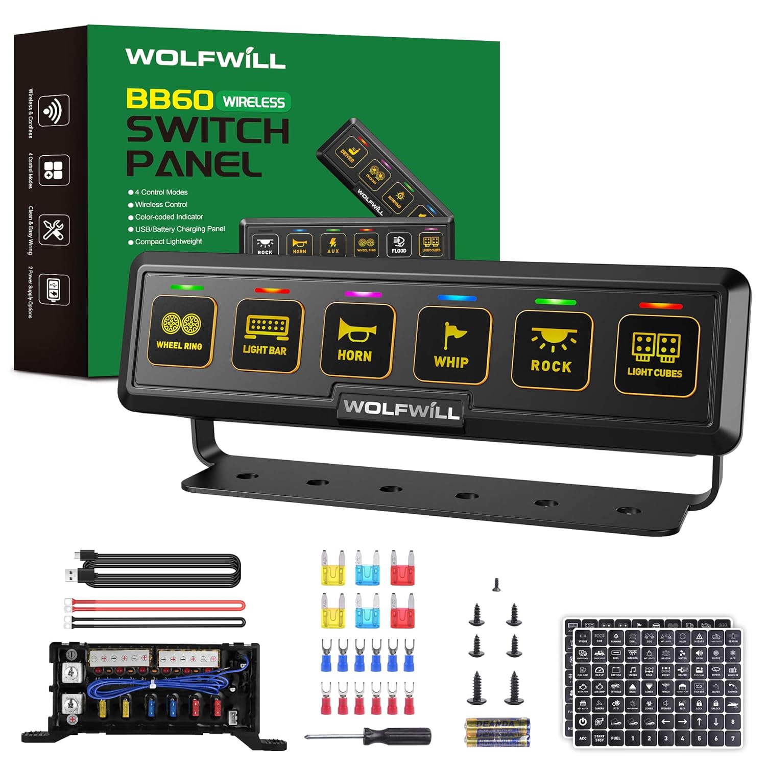 Wireless 6-Gang Switch Panel - Wireless Control 164FT Range Toggle Momentary Strobe Flash Modes, Dual Power Batteries USB, Circuit Control Relay System Box for Truck RV Offroad Marine