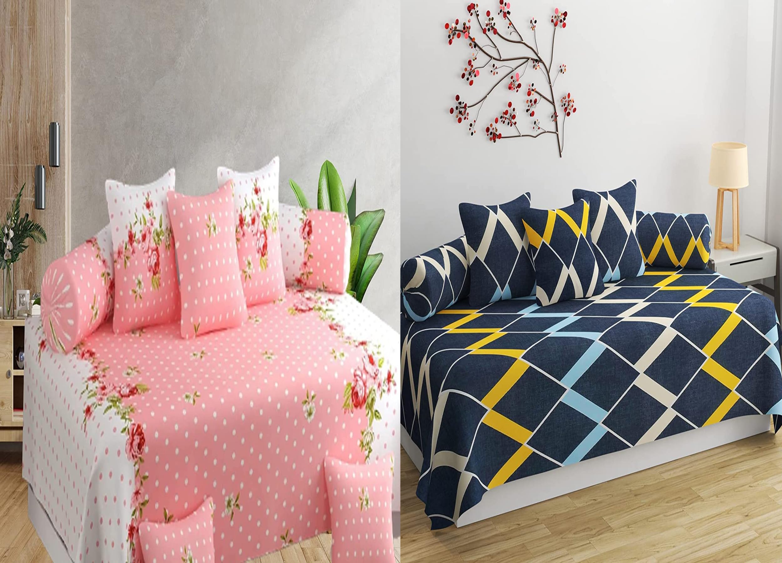 IVAZA Premium Floral Printed Cotton 6 Piece diwan Set Combo -(2 diwan bedsheet, 10 Cushion Covers, 4 Bolster Covers, Pink & Blue weavs-image-37