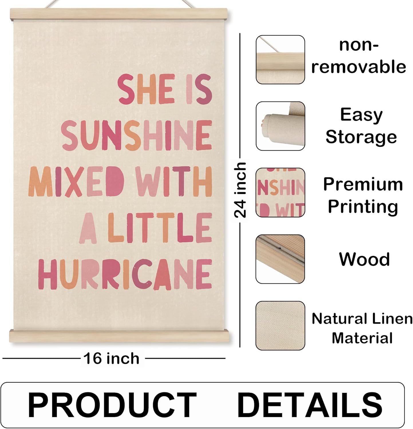 HRQKO Boho Pink She is Sunshine Poster Hanger Frame, Girls Wall Decor, Sunshine Nursery Posters Wall Art with Wooden Frames, Inspirational Hanging Banner Decor for Girls Room Bedroom, 16x24 inch