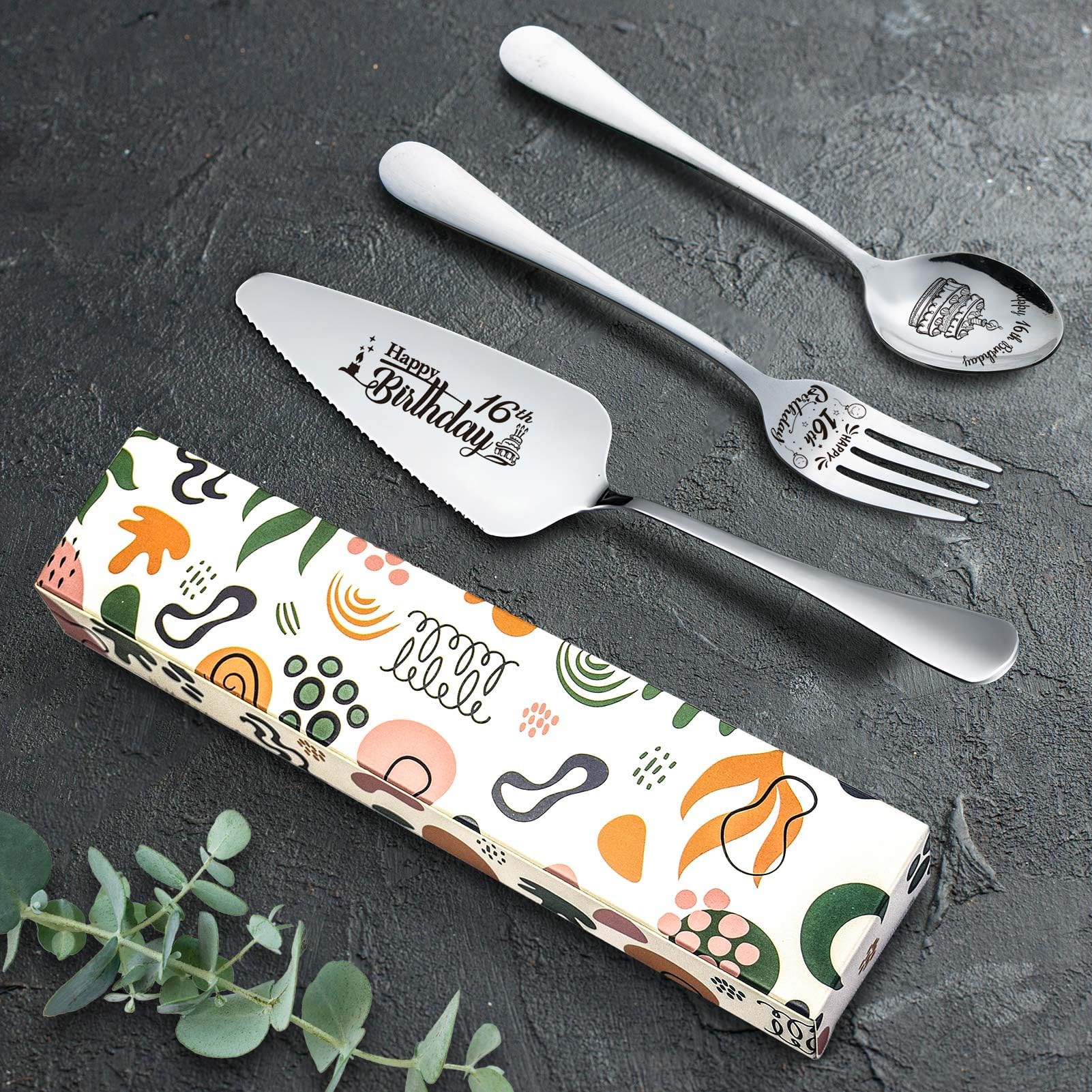 Juego de utensilios personalizados de acero inoxidable grabado con láser para fiesta de cumpleaños, servidor de pasteles, cuchara y tenedor para hijo, hija, sobrino, sobrina