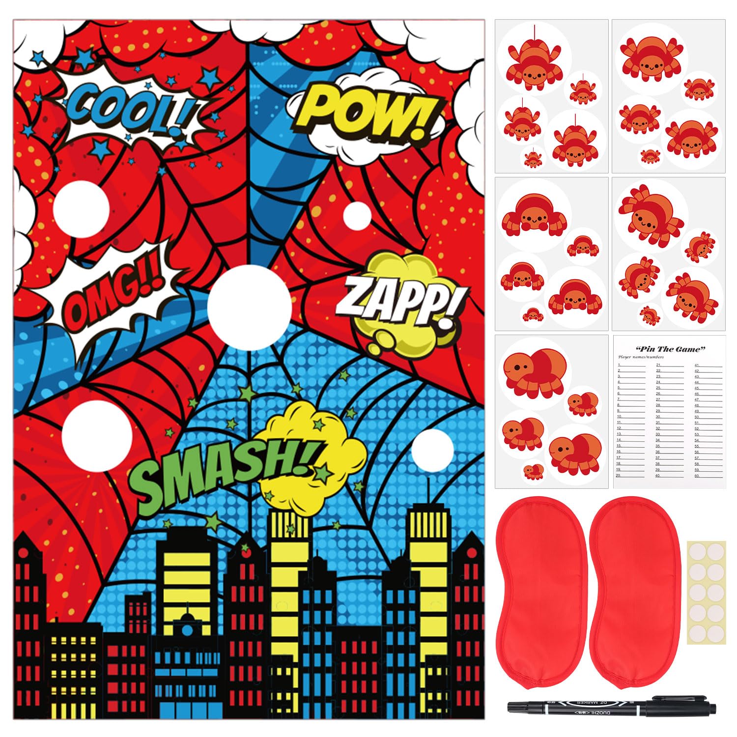 SAVITA Spider Party Games, Spider Theme Poster Stickers Blindfold Adhesive Spot Note Card Pen Party Games Set for Birthday Decorations Carnival Gifts