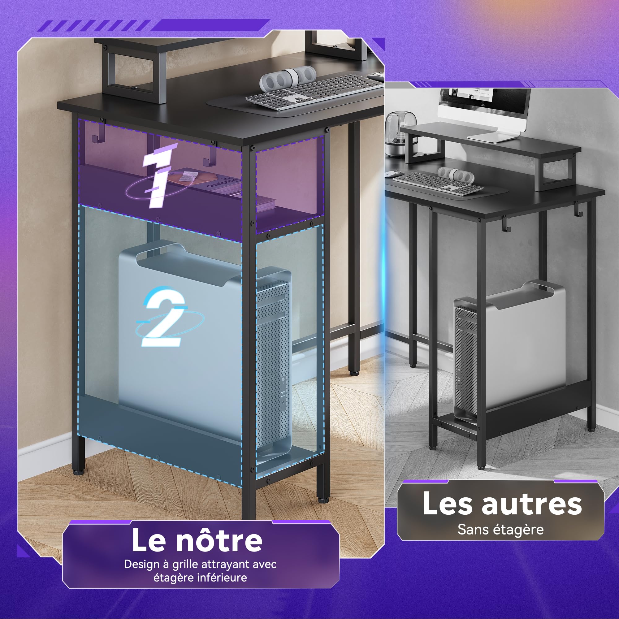 DEVAISE Bureau d'angle en L 140 x 120 cm avec Prises, LED et Étagères de Rangement, Table pour Gaming, Bureau et Télétravail, Noir