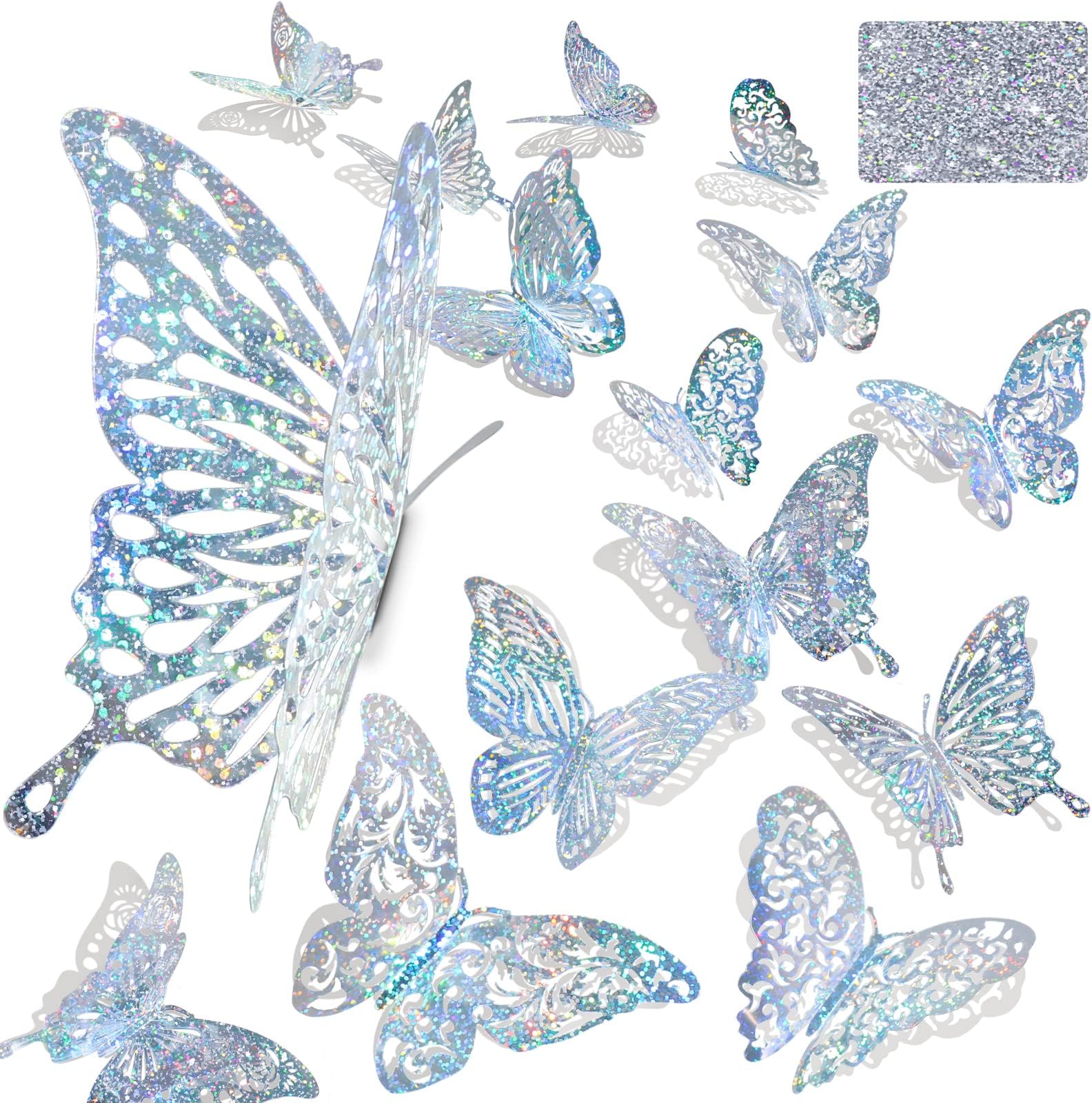 60 Pcs 3D Sequined Silver Butterfly Wall Decor, 5 Styles 3 Sizes,Butterfly Cake Birthday Party Shower Decorations Iridescent,Metallic Room Mural Wall Stickers (Sequined Silver)