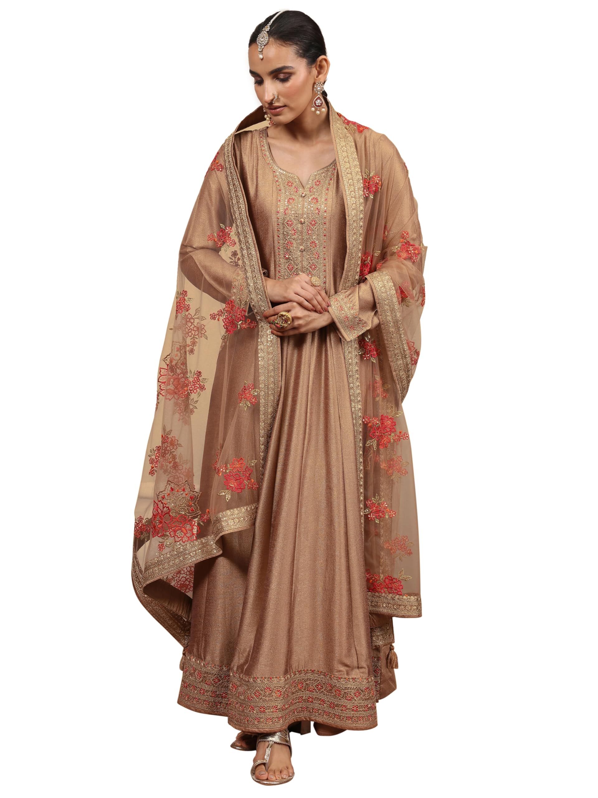 Libas Embroidered Silk Blend A-line Gown with and Dupatta in neutral