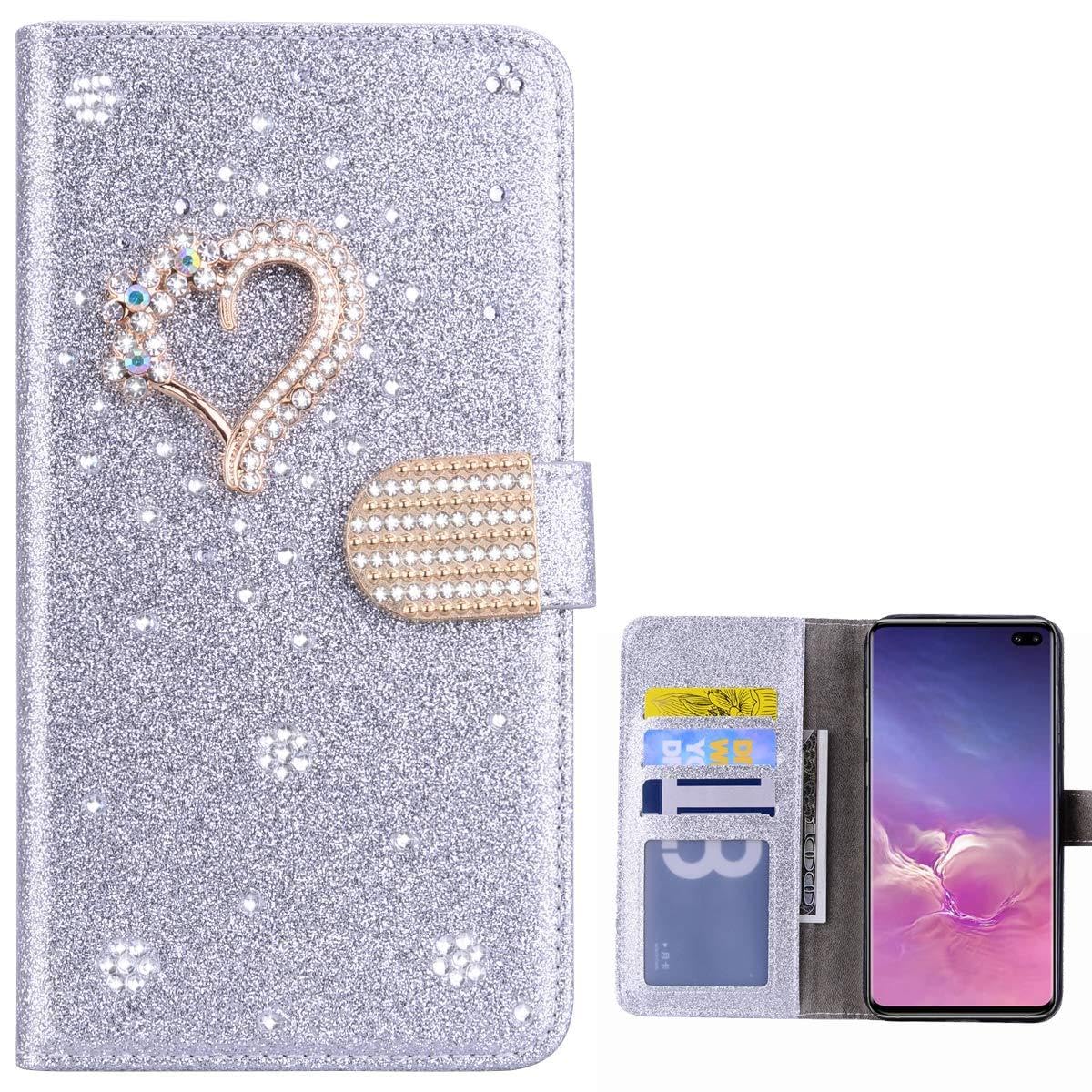 Glitter Wallet Case for Samsung Galaxy S10+ 6.4" 3D Diamond Buckle & Love Bling Glitter Pattern Leather Flip Book Wallet Shell with Card Slots BookStyle Cases for Samsung Galaxy S10+ 6.4" - Silver
