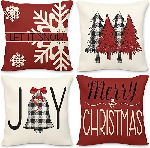 Geefuun Juego de 4 fundas de almohada rojas de Navidad, decoración del hogar, 18 x 18 pulgadas, para Navidad, vacaciones, invierno, dormitorio, para