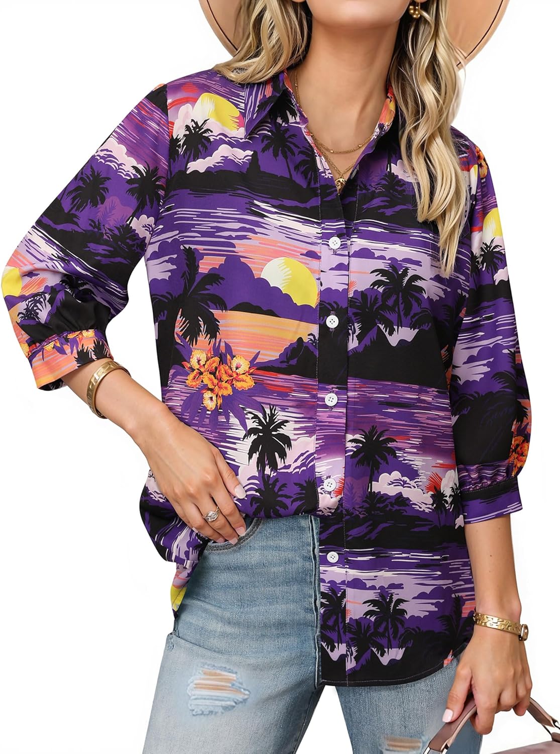Womens 3/4 Sleeve Hawaiian Shirts Button Down Floral Printed Casual Holiday T-Shirt V Neck Collar Trendy Boho Blouses Tops