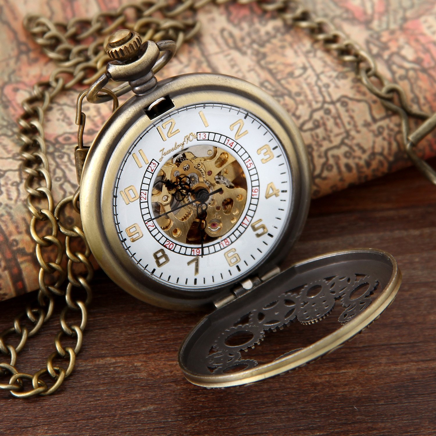 JewelryWe Montre à Gousset Homme Mécanique Automatique,Montres de Poche à Quartz Vintage Bronze,Montre Gousset Steampunk Homme Rétro avec Engrenage Mécanique pour Déguisement et Costume,1 ATM Etanche