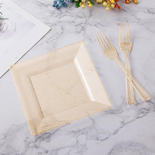 Miniatura 2 de Goodluck 240 platos cuadrados de purpurina dorada con tenedores de plástico, platos de postre dorados para 120 invitados, platos desechables