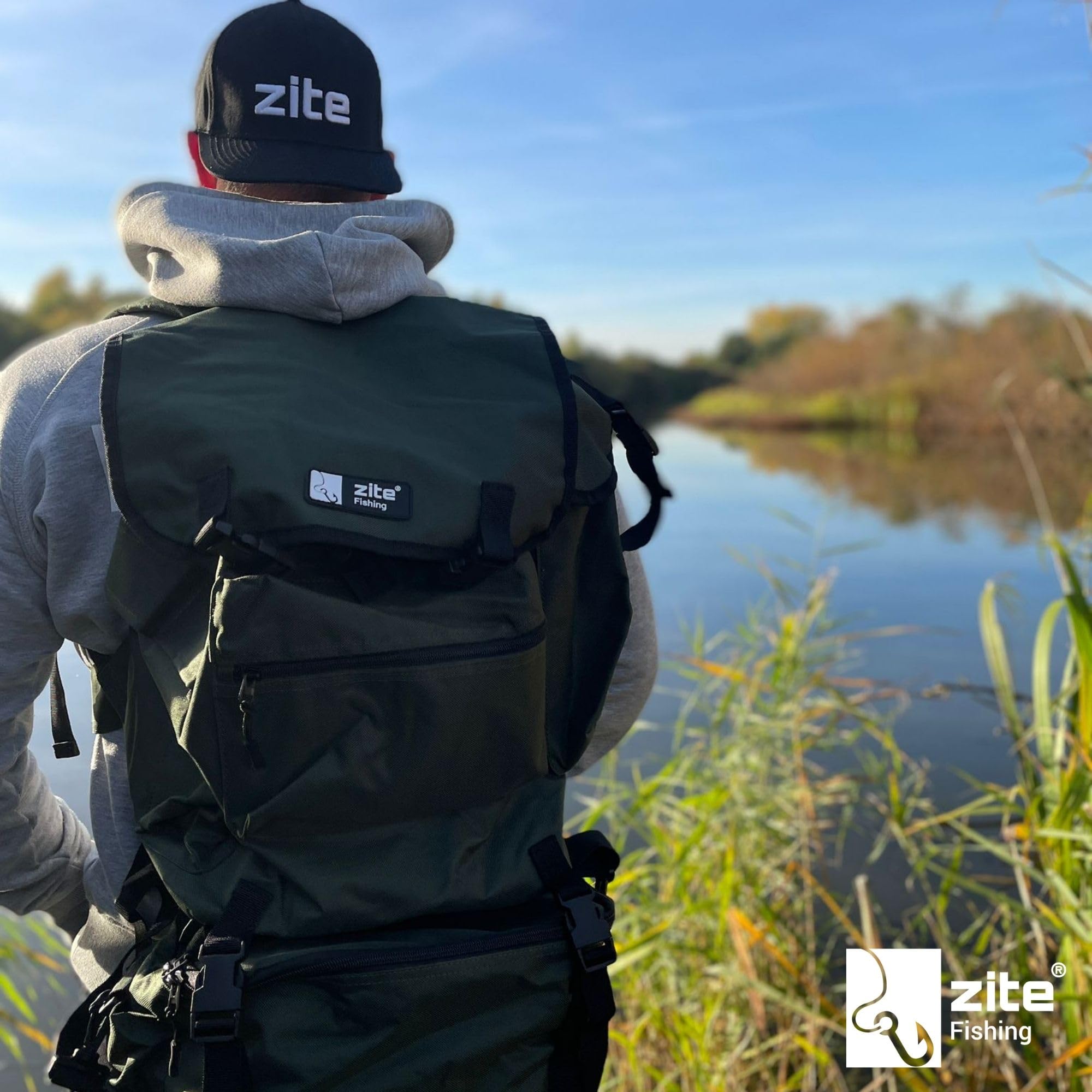 Zite Fishing Angelrucksack mit Rutenhalter & Abnehmarem Kühlfach - Angeltasche 55x30cm Gepolsterte Schultergurte - Spinnfischen & Ansitz Angeln, Angel Rucksack Fishing Backpack, Angler Rucksack angeln