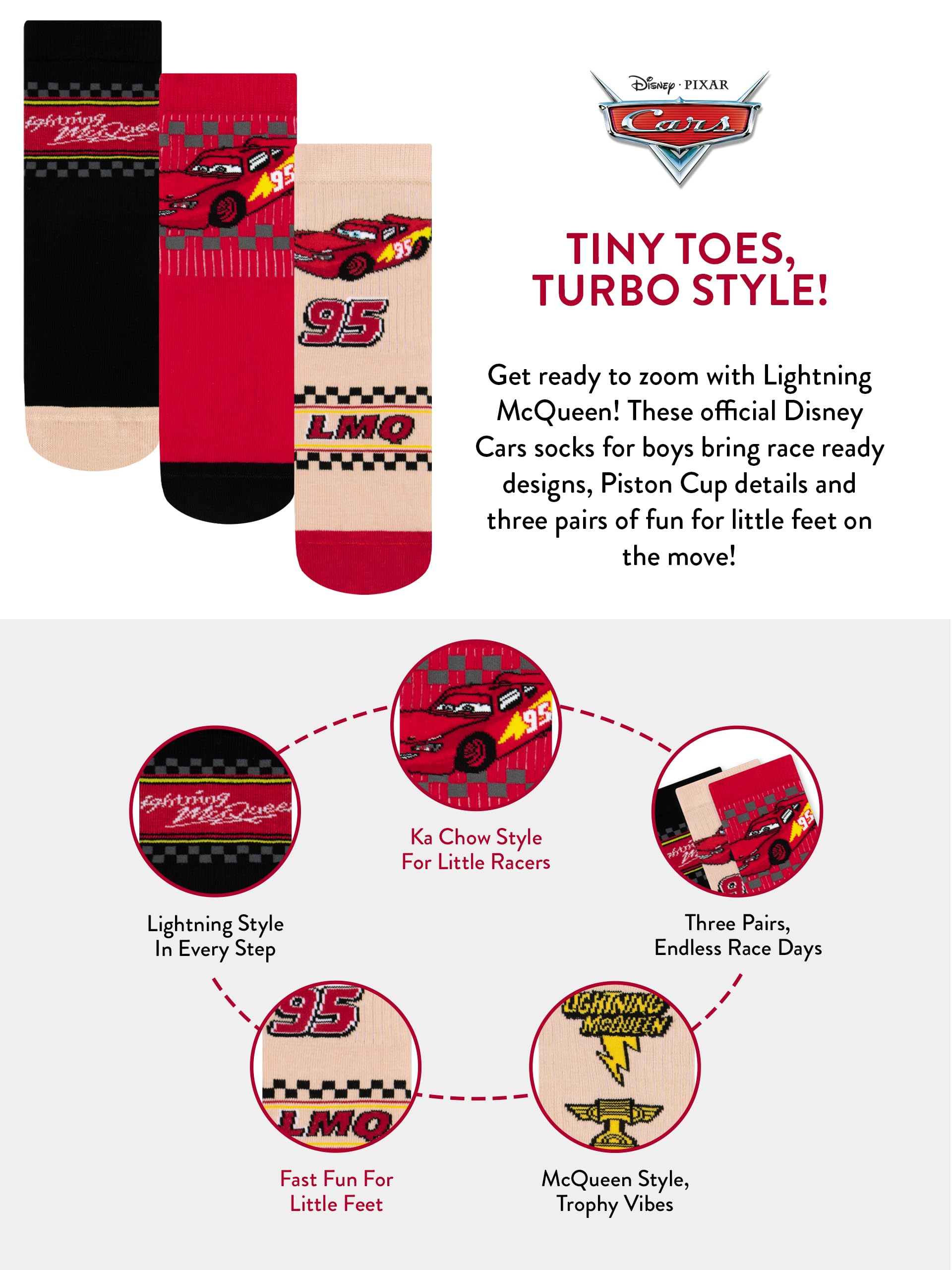 Disney Cars Socks, 3er-Pack für Jungen, Kinder-Baumwollsocken mit Lightning McQueen, knöchellange Cars-Socken