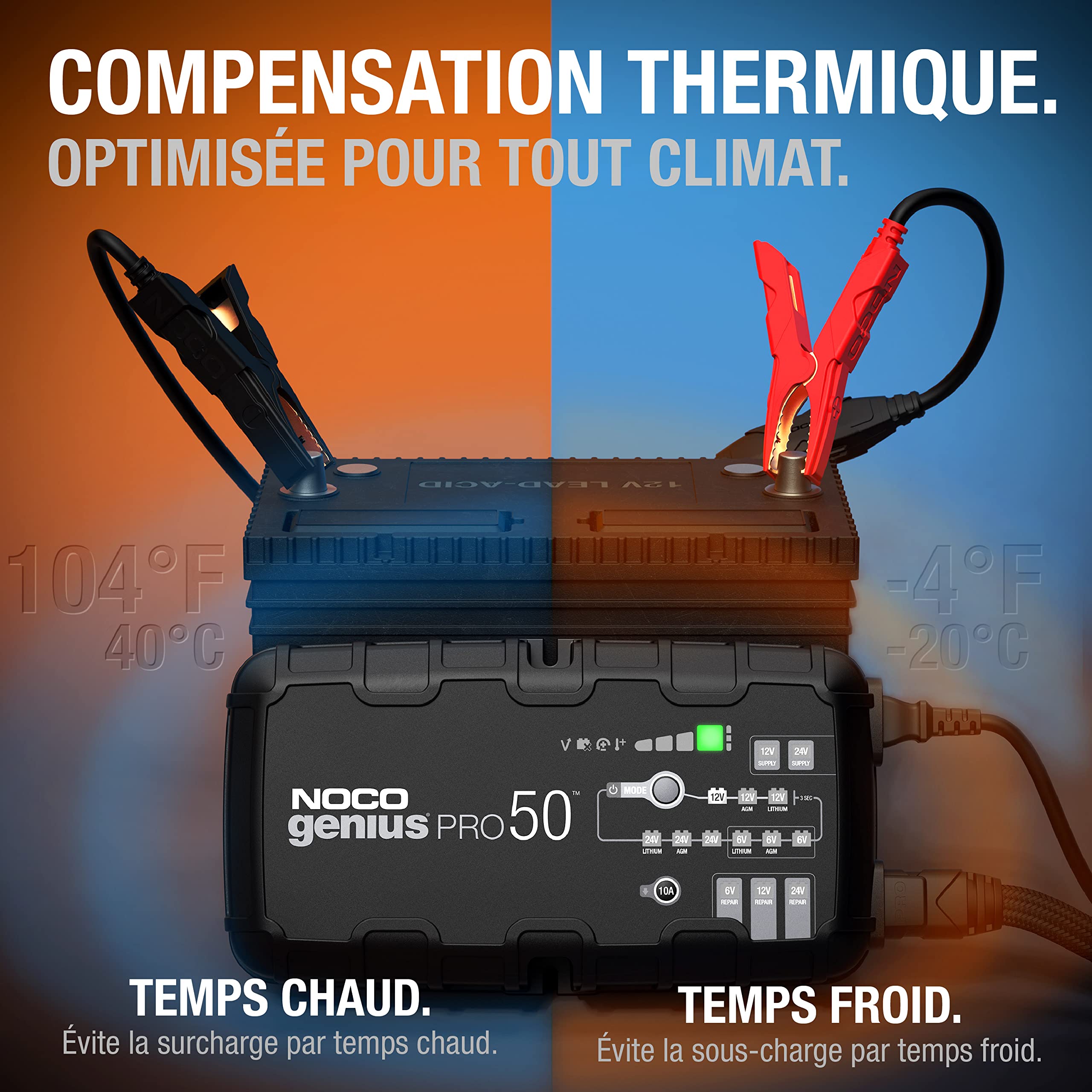NOCO GENIUSPRO50 : Chargeur de Batterie Professionnel 50A 6V/12V/24V – Maintien, Désulfateur & Alimentation – Protection Surcharge & Compensation Thermique – pour Batteries Plomb & Lithium