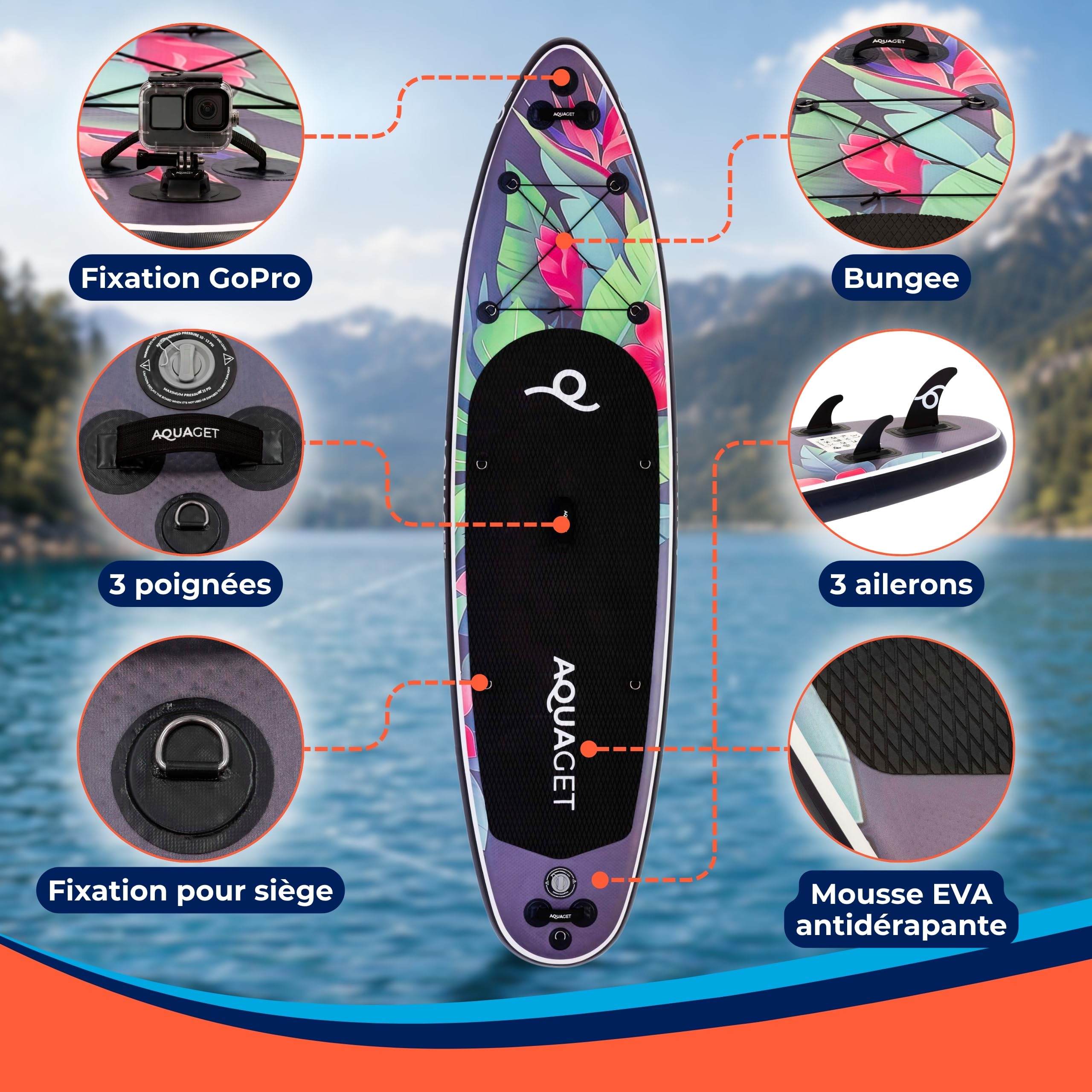 iSUP Kit de planche à pagaie gonflable - Système complet - 320 à 350 cm - Planche à pagaie 2 en 1 - Siège de kayak - Pagaie - Sac à dos - Pompe - Laisse - 3 ailerons Dropstitch - Planche de
