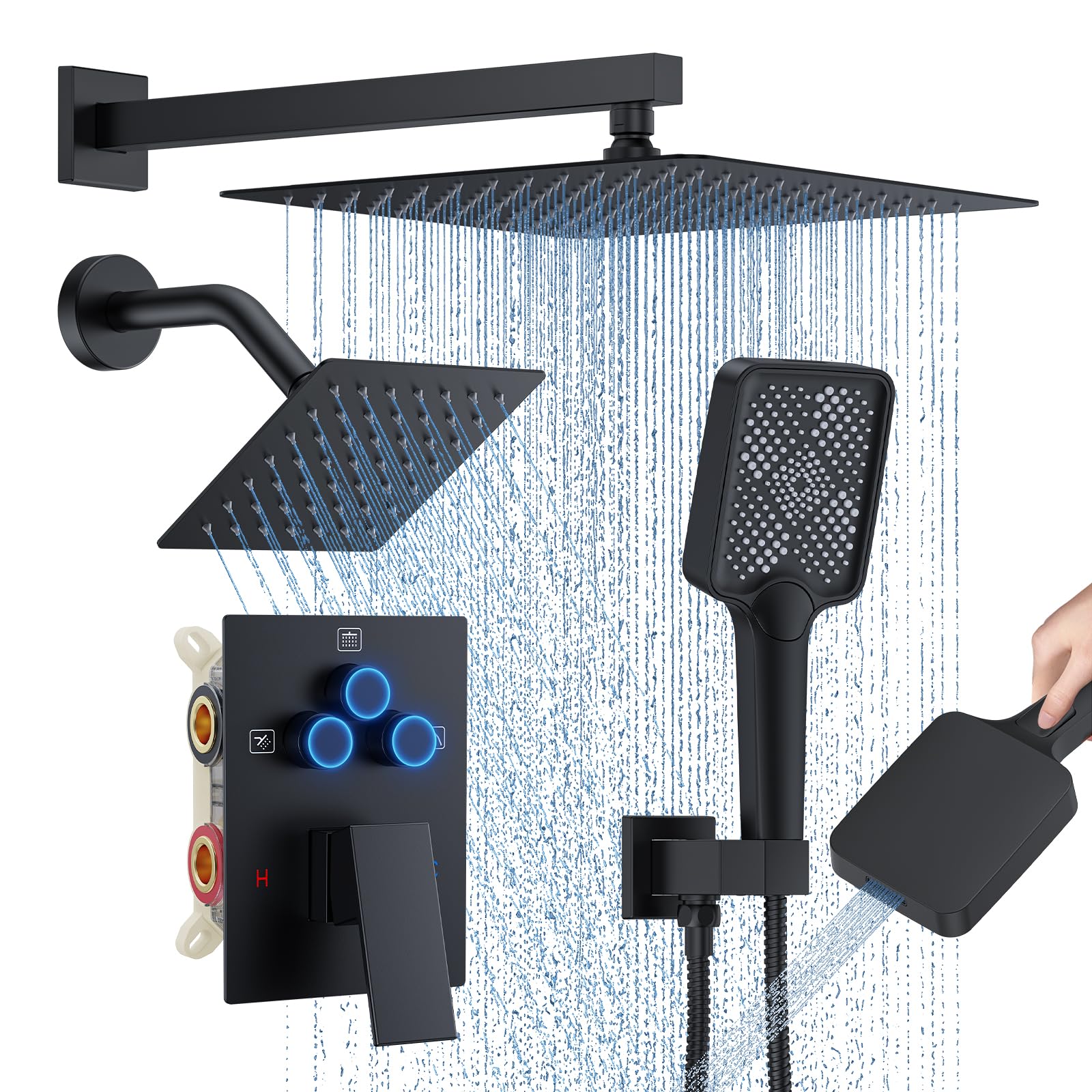 Woindo Shower Faucet Set, 12" Wall Mount Rainfall Shower System with 2 Rain Shower Head and Multi-function Handheld Head Push Button Diverter Shower Faucet Trim Kit