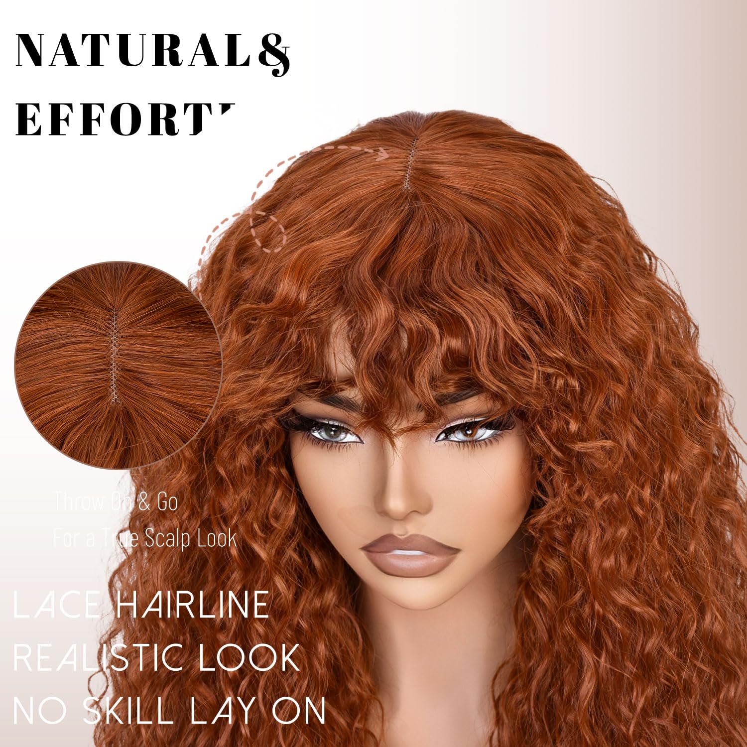 Lizzy 18Inch Curly Human Hair Wigs for Women with Bangs Bouncy Natural Curly Wig 180% Density Long Kinky Curly Hair for Daily Use (giner brown) - Image 4